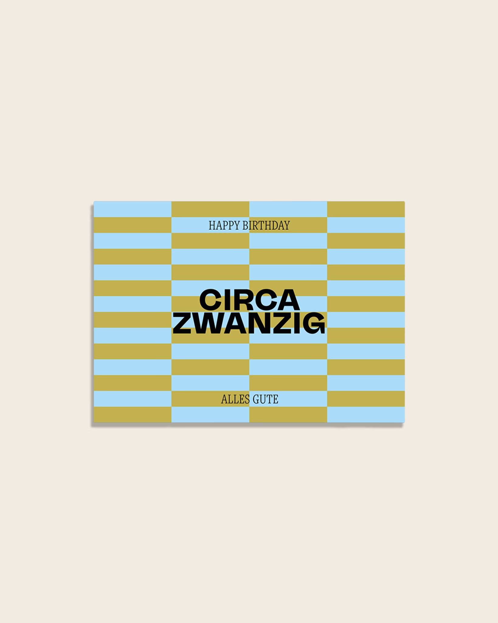 Moderne Geburtstagskarte mit grafischem Streifenmuster in Hellblau und Gold, Aufschrift ‚Happy Birthday‘, ‚Circa Zwanzig‘ und ‚Alles Gute‘ – stilvolle Glückwunschkarte.