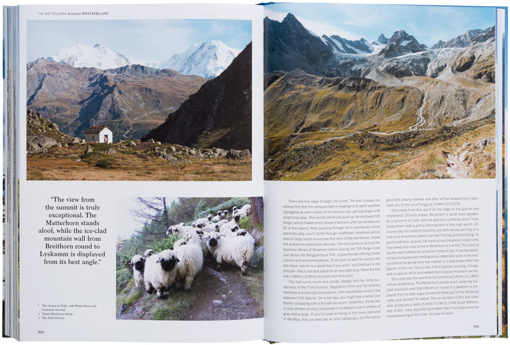 Doppelseite aus dem Buch Wanderlust Europe: Wanderung zum Mettelhorn bei Zermatt in der Schweiz mit Blick auf das Matterhorn, alpine Berglandschaft, Gletscher und Walliser Schwarznasenschafe.