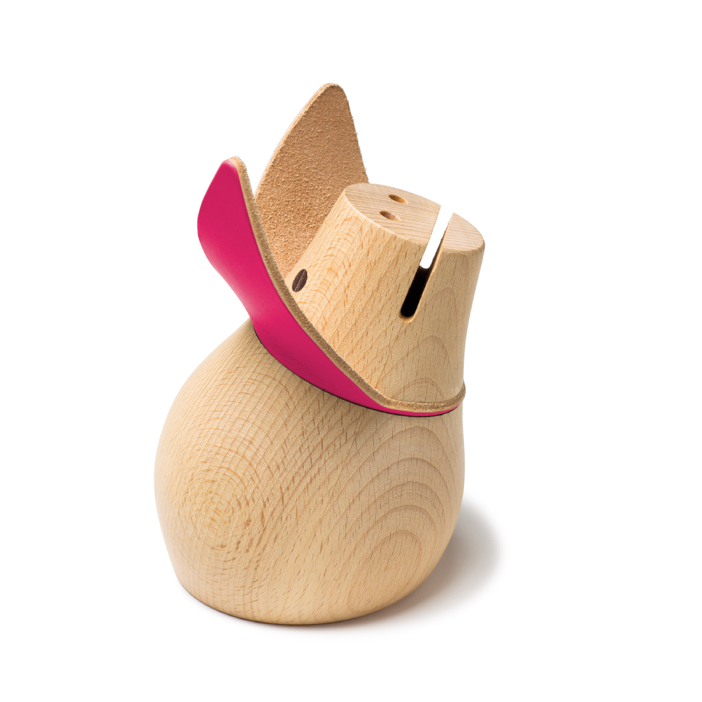 Spardose Sonderedition PINK LADY aus massiver Buche mit pinkenLederohren, handgefertigt von Siebensachen. Stilvolles Sparschwein Made in Germany.