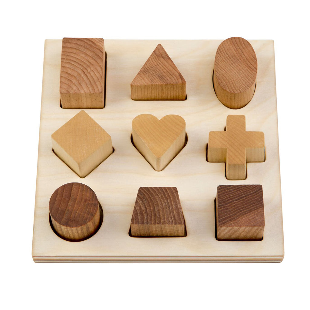 Holz Steckspiel mit geometrischen Formen aus FSC zertifiziertem Naturholz, Formensortierbrett mit neun handgeschliffenen Holzelementen für Kinder ab 1 Jahr