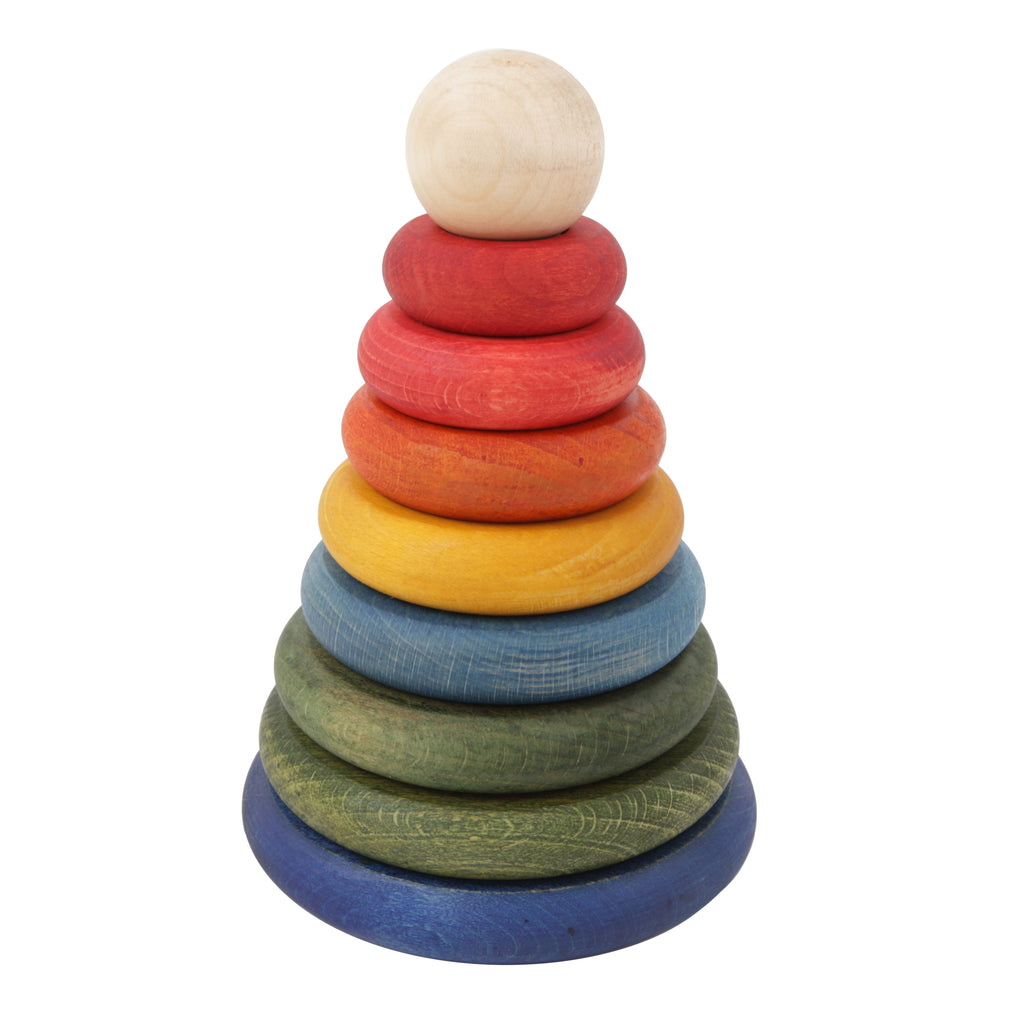 Regenbogen Stapelturm aus Holz mit zehn farbigen Scheiben in unterschiedlichen Größen, Montessori Pyramiden Steckspiel aus FSC zertifiziertem Naturholz ab 1 Jahr