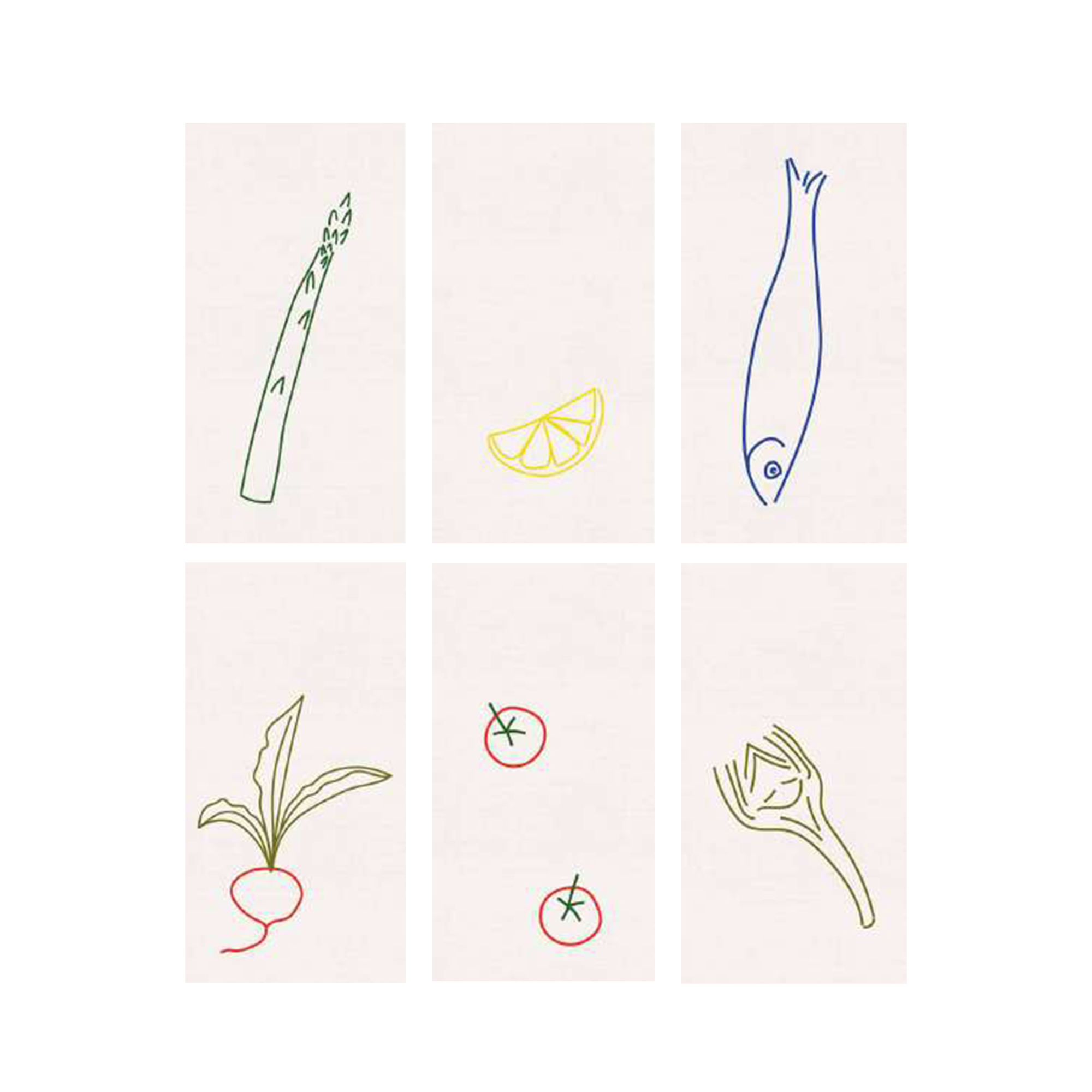 Handgestickte Leinenservietten DINER AU BISTROT von ŒUVRES SENSIBLES. Sechs Motive: Spargel, Zitrone, Fisch, Radieschen, Tomaten und Fenchel. 100 % Leinen, Made in France. Bild © Maxime Verret