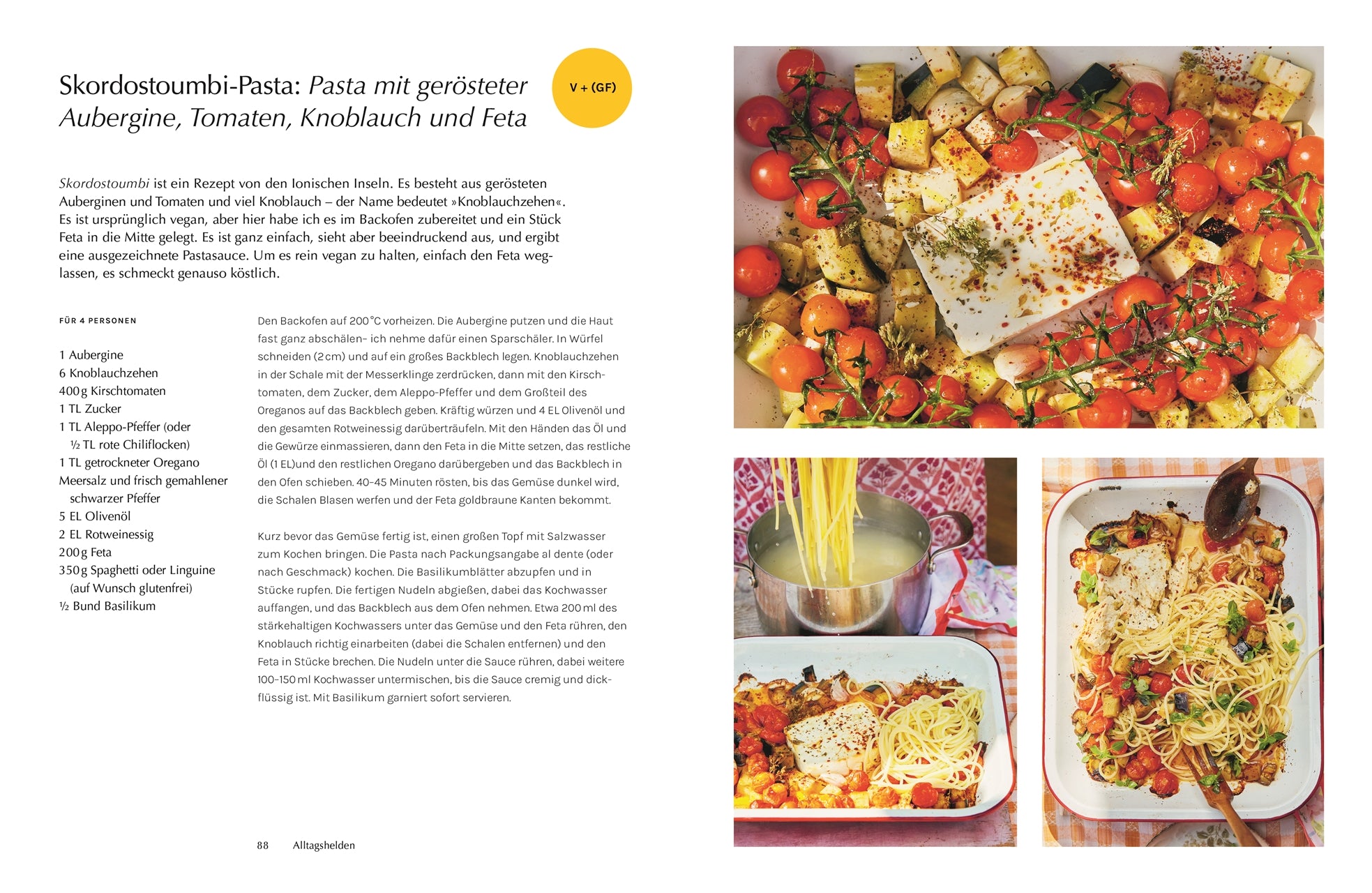 Skordostoumbi-Pasta: Pasta mit im Ofen gerösteten Tomaten, Auberginen, Knoblauch und einem Stück Feta, angerichtet in einer weißen Auflaufform – mediterrane Optik mit frischen Kräutern.