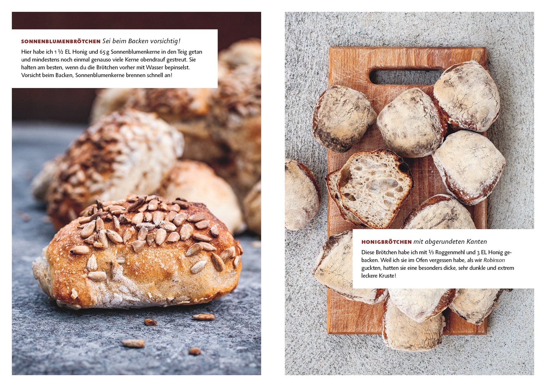 Zwei Sorten Brötchen aus dem Buch 1 Methode 100 Brote: Sonnenblumenbrötchen mit goldbrauner Kruste und Honigbrötchen mit rustikalem Mehlüberzug auf einem Holzbrett – einfache, handgemachte Rezepte zum Selberbacken