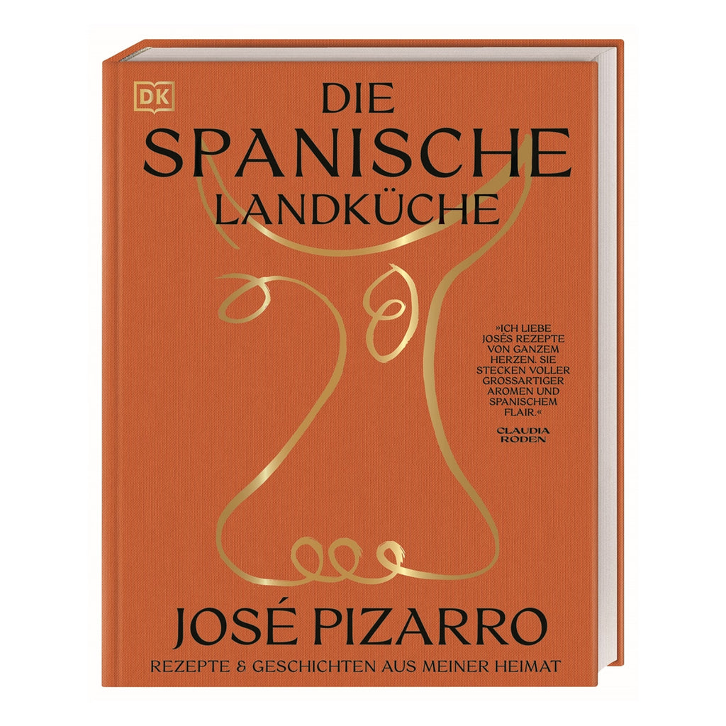 Cover-Foto des Buchs „Die spanische Landküche“: Buchcover in kräftigem Orange mit goldener Illustration einer stilisierten Vase und dem Titel „Die spanische Landküche“ von José Pizarro. Untertitel: „Rezepte & Geschichten aus meiner Heimat“.