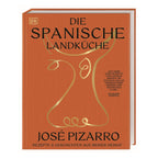 Cover-Foto des Buchs „Die spanische Landküche“: Buchcover in kräftigem Orange mit goldener Illustration einer stilisierten Vase und dem Titel „Die spanische Landküche“ von José Pizarro. Untertitel: „Rezepte & Geschichten aus meiner Heimat“.