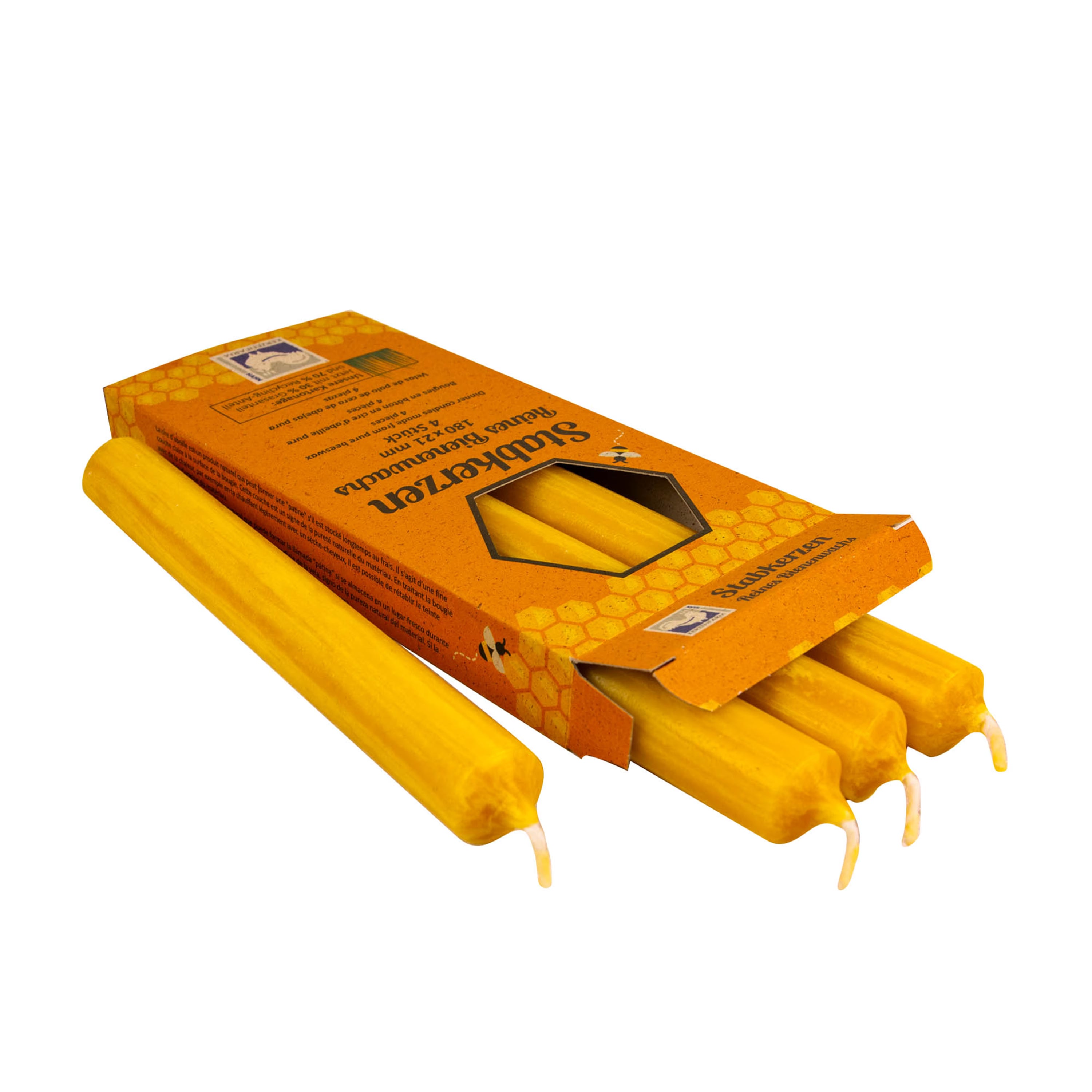 4er-Stabkerzenset aus 100 % reinem Bienenwachs von Kerzenfarm Hahn, 18 cm lange handgefertigte Bienenwachskerzen in Verpackung
