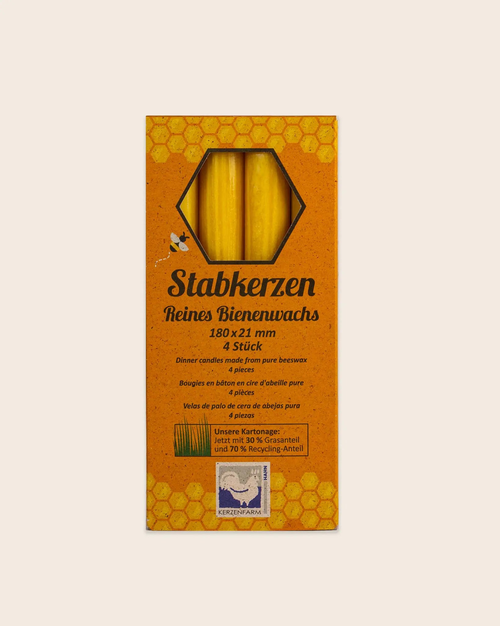 4er-Stabkerzenset aus reinem Bienenwachs - 18 cm