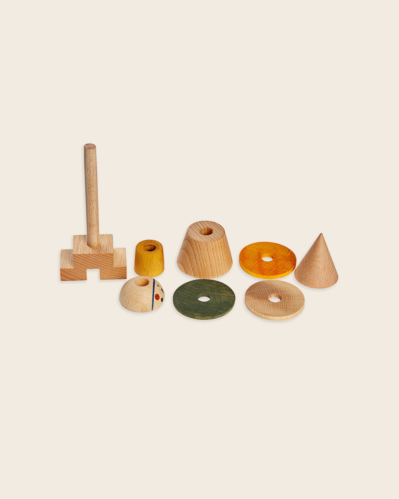 Einzelne Holzelemente der Steckfigur Gelb von Wooden Story aus FSC zertifiziertem Holz, Montessori Steckspielzeug