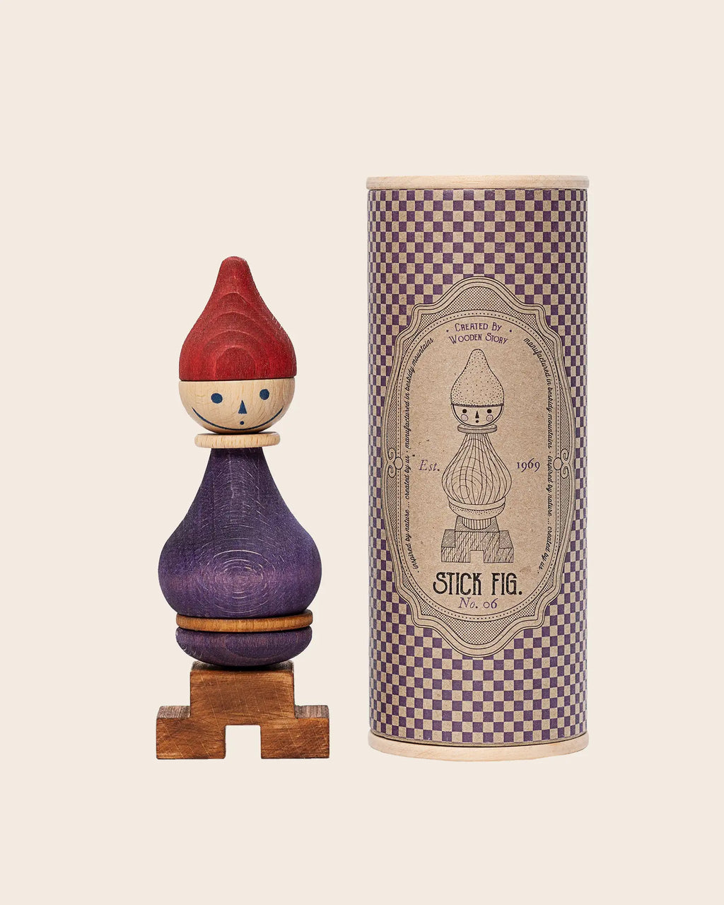 Nachhaltige Verpackung der Steckfigur Gelb von Wooden Story mit Baumwollbeutel und Pappröhre mit Holzdeckel