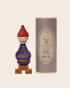 Nachhaltige Verpackung der Steckfigur Gelb von Wooden Story mit Baumwollbeutel und Pappröhre mit Holzdeckel