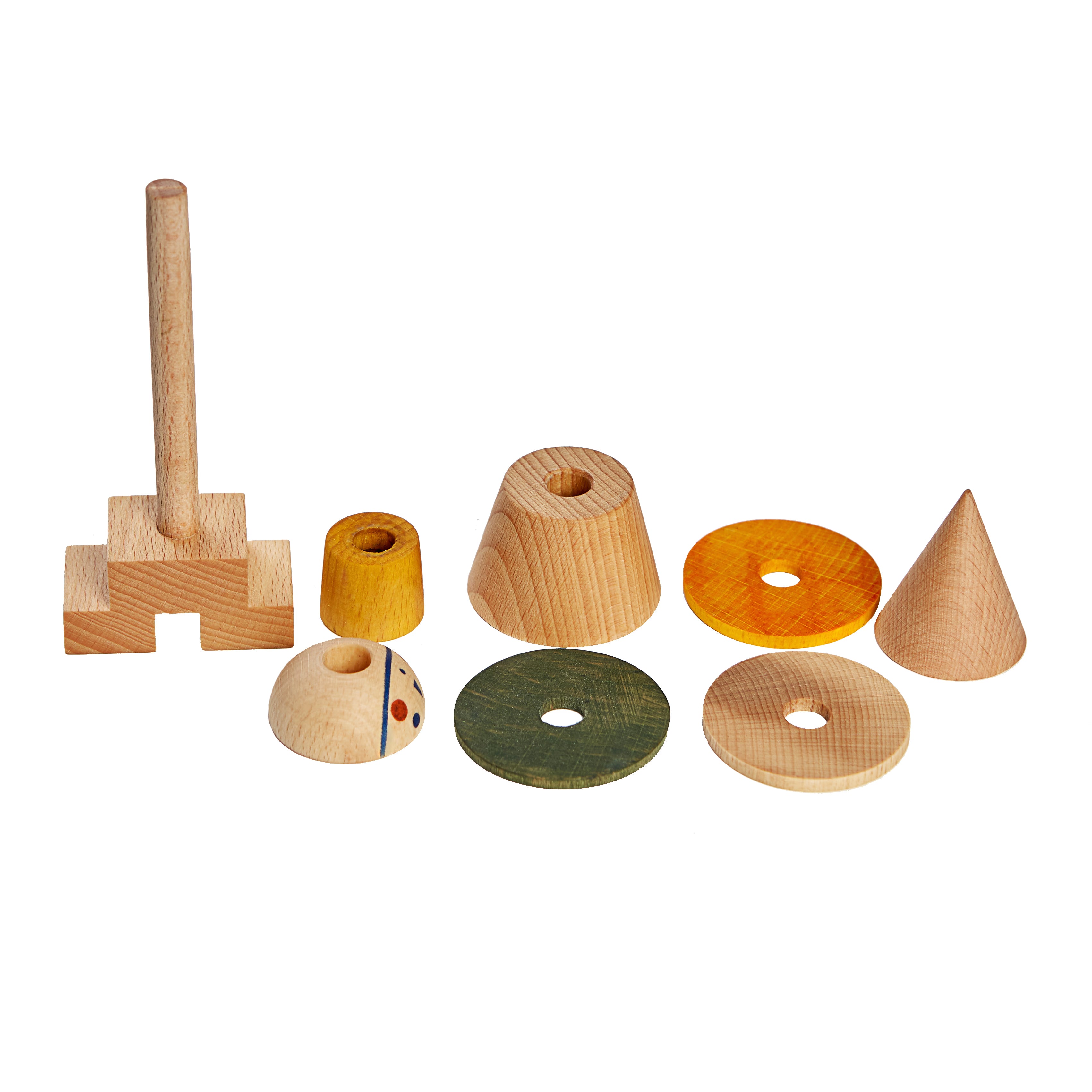 Einzelne Holzelemente der Steckfigur Gelb von Wooden Story aus FSC zertifiziertem Holz, Montessori Steckspielzeug