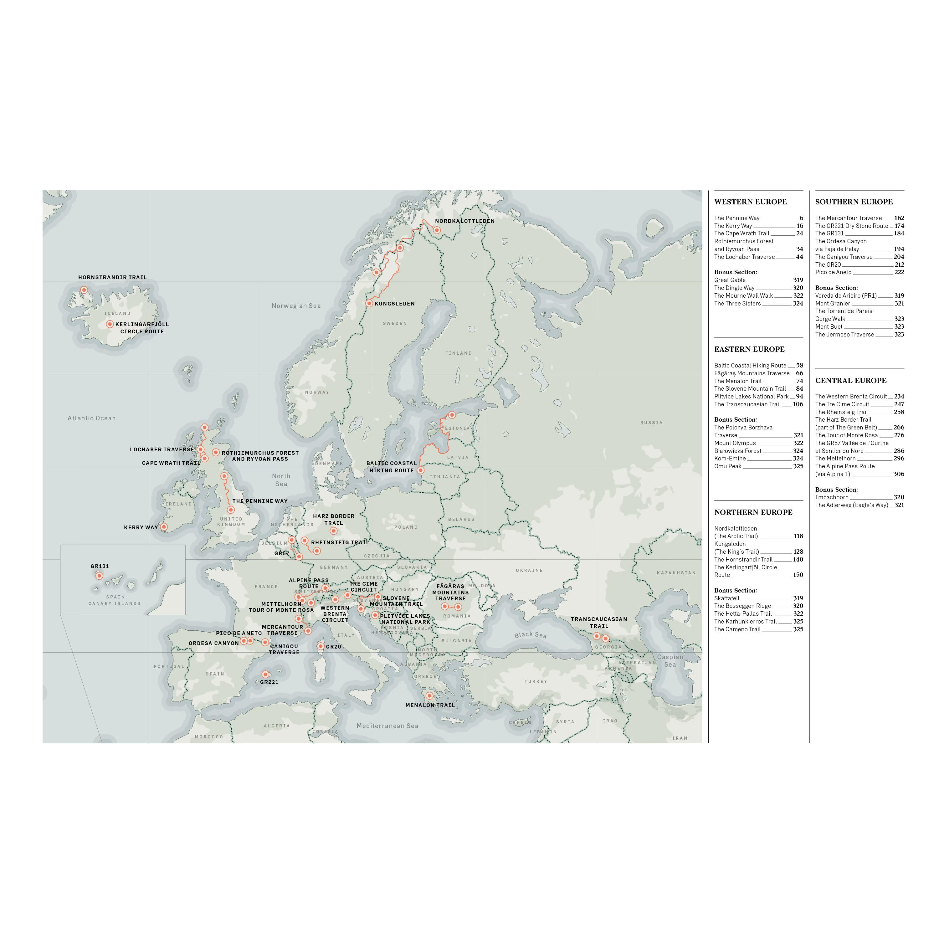 Landkarte aus dem Buch Wanderlust Europe: Übersicht der schönsten Wander- und Trekkingrouten Europas, inklusive Alpenpfade, Küstenwanderungen und Transkaukasischer Trail.