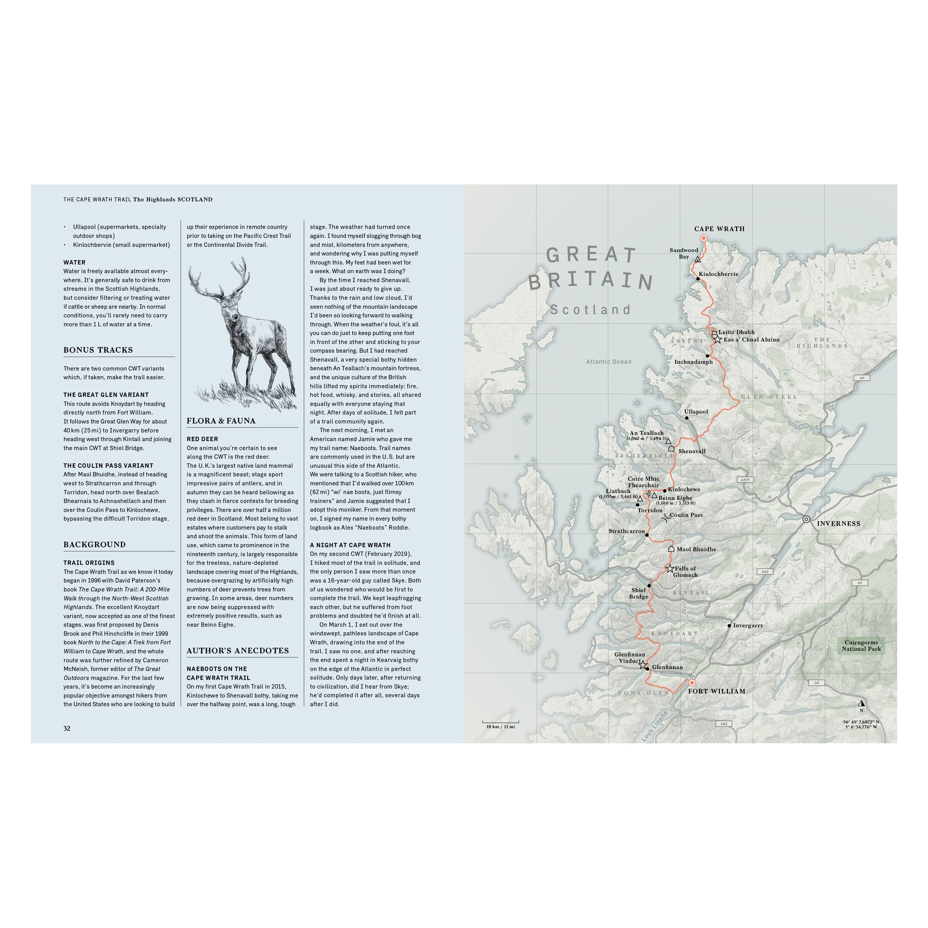 Doppelseite aus dem Buch Wanderlust Europe. Karte des Cape Wrath Trail in Schottland mit detaillierter Routenführung durch die Highlands sowie Informationen zu Flora, Fauna und Wanderbedingungen.