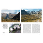 Doppelseite aus dem Buch Wanderlust Europe: Wanderung zum Mettelhorn bei Zermatt in der Schweiz mit Blick auf das Matterhorn, alpine Berglandschaft, Gletscher und Walliser Schwarznasenschafe.