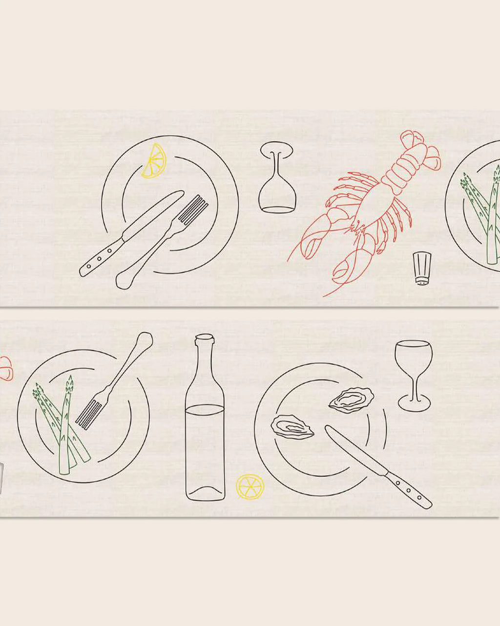 Handgestickter Tischläufer LE CHEMIN DU BISTROT von ŒUVRES SENSIBLES. Feine Stickereien mit Hummer, Austern, Spargel, Zitronenscheibe, Wein und Besteck auf naturfarbenem Leinen. 