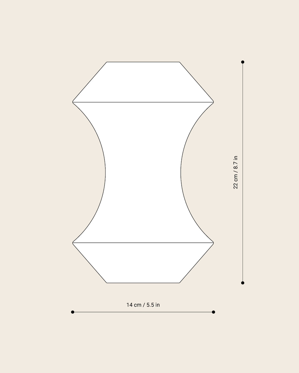 Technische Zeichnung der Vase MIZY von NIEVEN. Skulpturale, symmetrische Form mit tailliertem Mittelteil, entworfen von Jörg Adam. Weißer Hintergrund mit klaren Linien der Designvase.