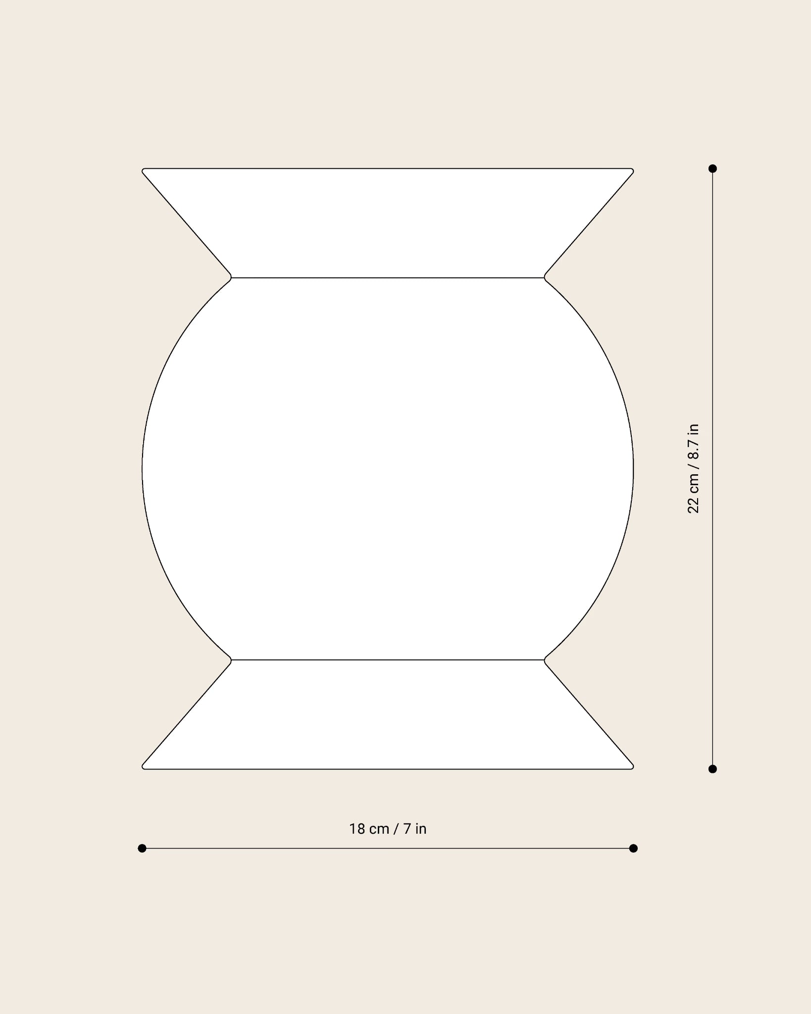Technische Zeichnung der Vase OZ von NIEVEN. Runde, bauchige Form mit trichterförmigem Hals und Fuß, entworfen von Jörg Adam. Weißes, minimalistisches Design auf transparentem Hintergrund.