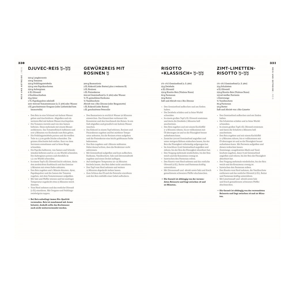 Djuvec-Reis, Gewürzreis mit Rosinen, Risotto klassisch und Zimt-Limetten-Risotto: Rezeptseite mit vier vegetarischen Reisgerichten: Djuvec-Reis, Gewürzreis mit Rosinen, klassisches Risotto und Zimt-Limetten-Risotto – jeweils mit Zutaten und Kochanleitung.