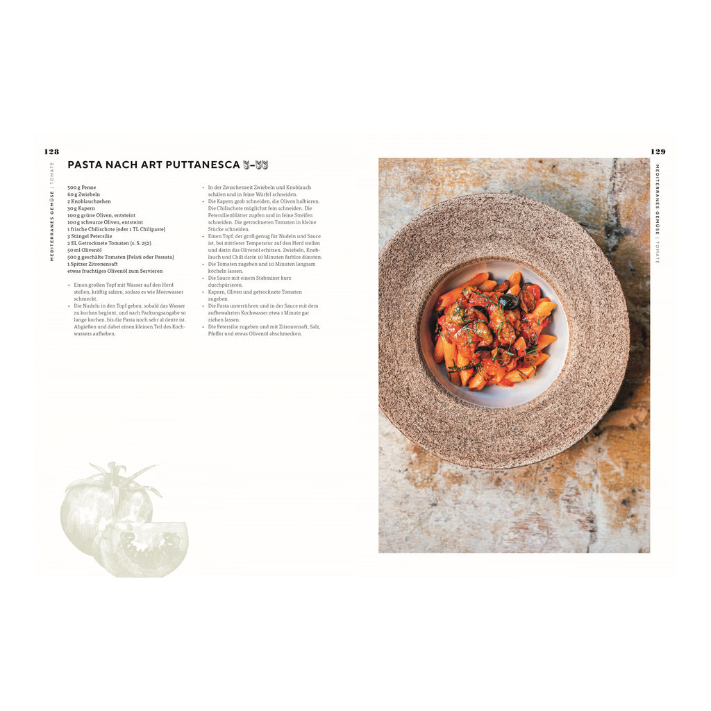 Pasta nach Art Puttanesca: Penne-Nudeln in aromatischer Tomaten-Oliven-Kapern-Sauce, serviert in einer modernen Steinschale auf rustikalem Tisch – mediterran interpretiert.