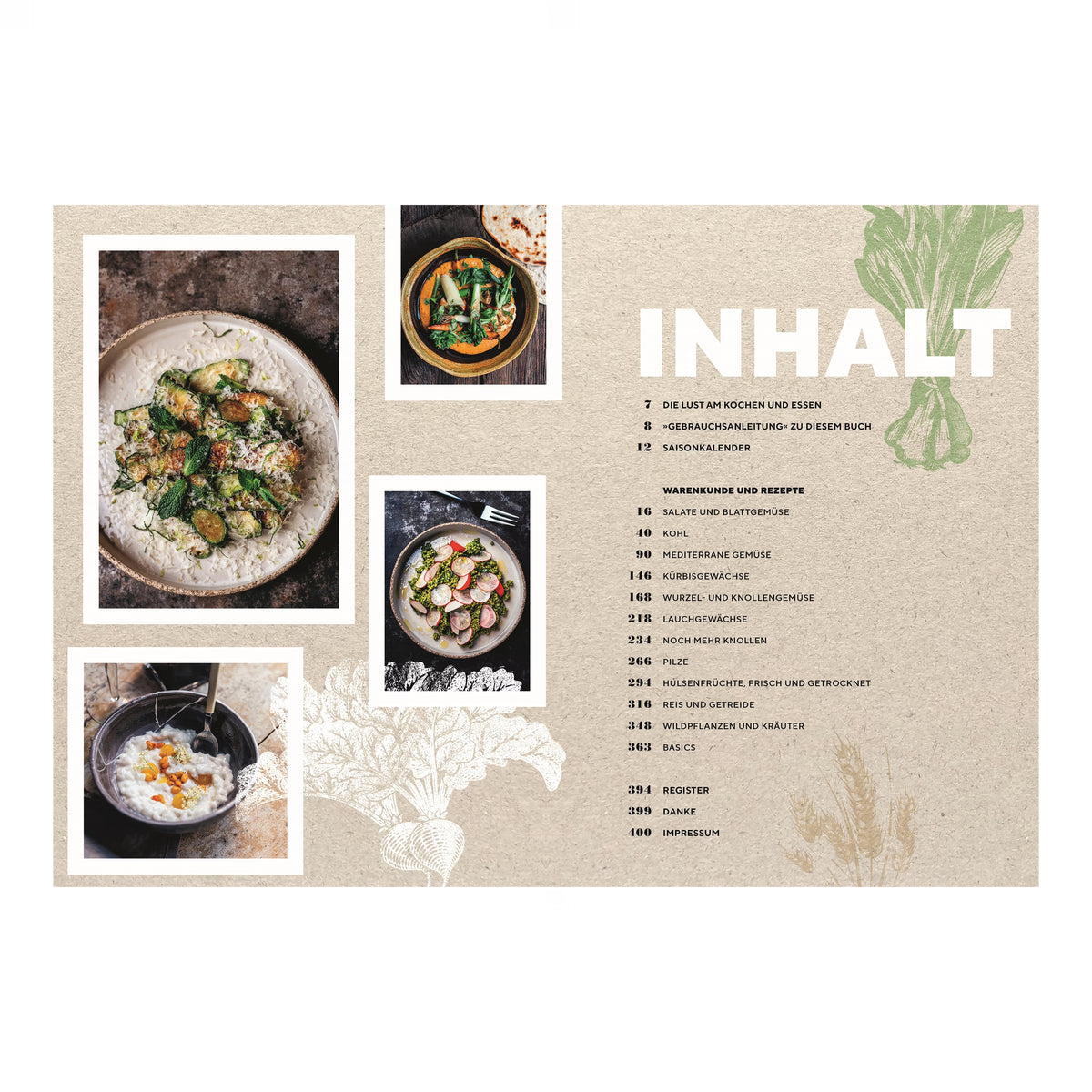  Inhaltsverzeichnis (Paul Ivić – Vegetarisch): Grafisch gestaltetes Inhaltsverzeichnis des Kochbuchs mit Kapiteln wie Pasta, Wurzelgemüse, Salate und Süßes. Umrahmt von vier Food-Fotografien auf beigem Hintergrund.