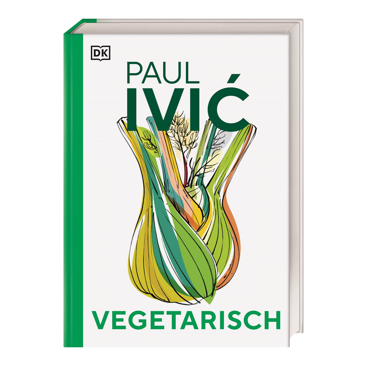 Buchcover „Vegetarisch“ von Paul Ivić: Buchcover des Kochbuchs ‚Vegetarisch‘ von Paul Ivić mit stilisierter Illustration eines Fenchels in Grün-, Orange- und Gelbtönen auf weißem Hintergrund.
