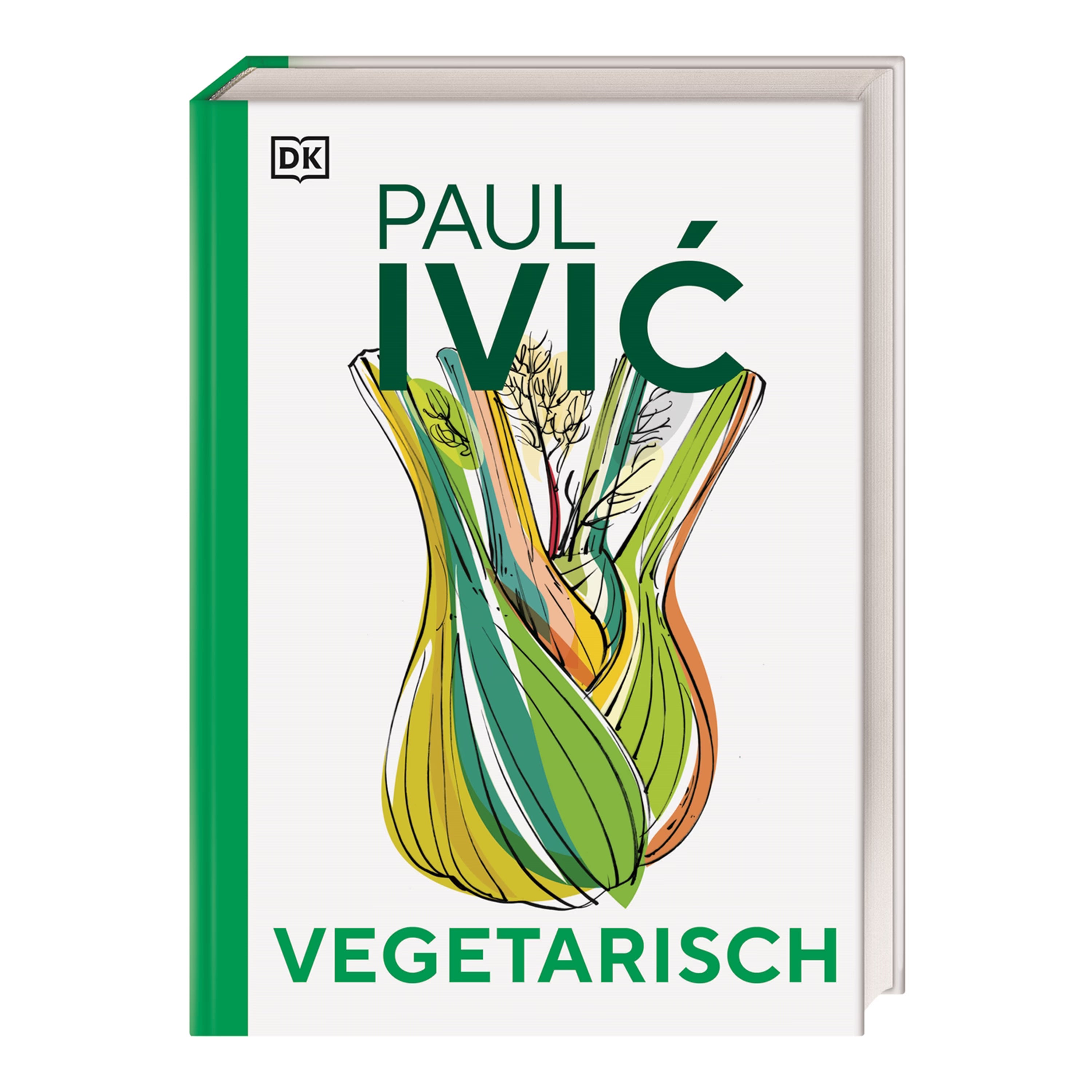 Buchcover „Vegetarisch“ von Paul Ivić: Buchcover des Kochbuchs ‚Vegetarisch‘ von Paul Ivić mit stilisierter Illustration eines Fenchels in Grün-, Orange- und Gelbtönen auf weißem Hintergrund.