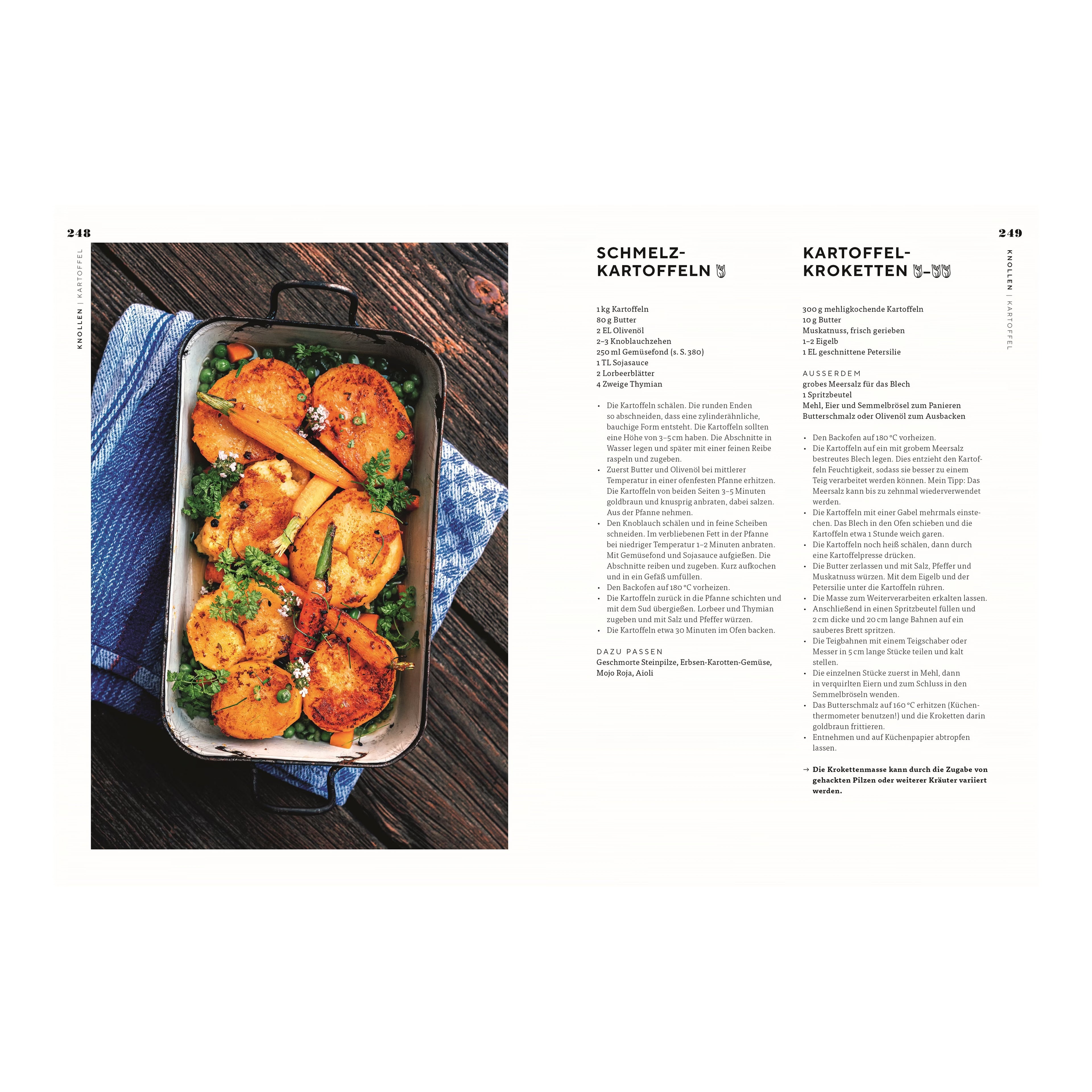 Schmelz-Kartoffeln und Kartoffel-Kroketten: Ofenform mit goldbraun gebratenen Schmelzkartoffeln, garniert mit glasierten Möhren, Erbsen und frischen Kräutern. Daneben Rezepttexte für Schmelzkartoffeln und Kartoffelkroketten.