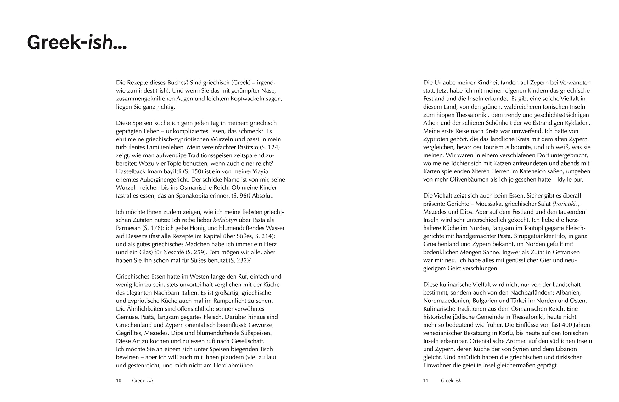 Vorwort „Greek-ish…": Doppelseitiger Text mit der Einleitung des Buchs ‚Greekish‘, in dem die Autorin über griechische Küche, Zypern und familiäre Erinnerungen schreibt.