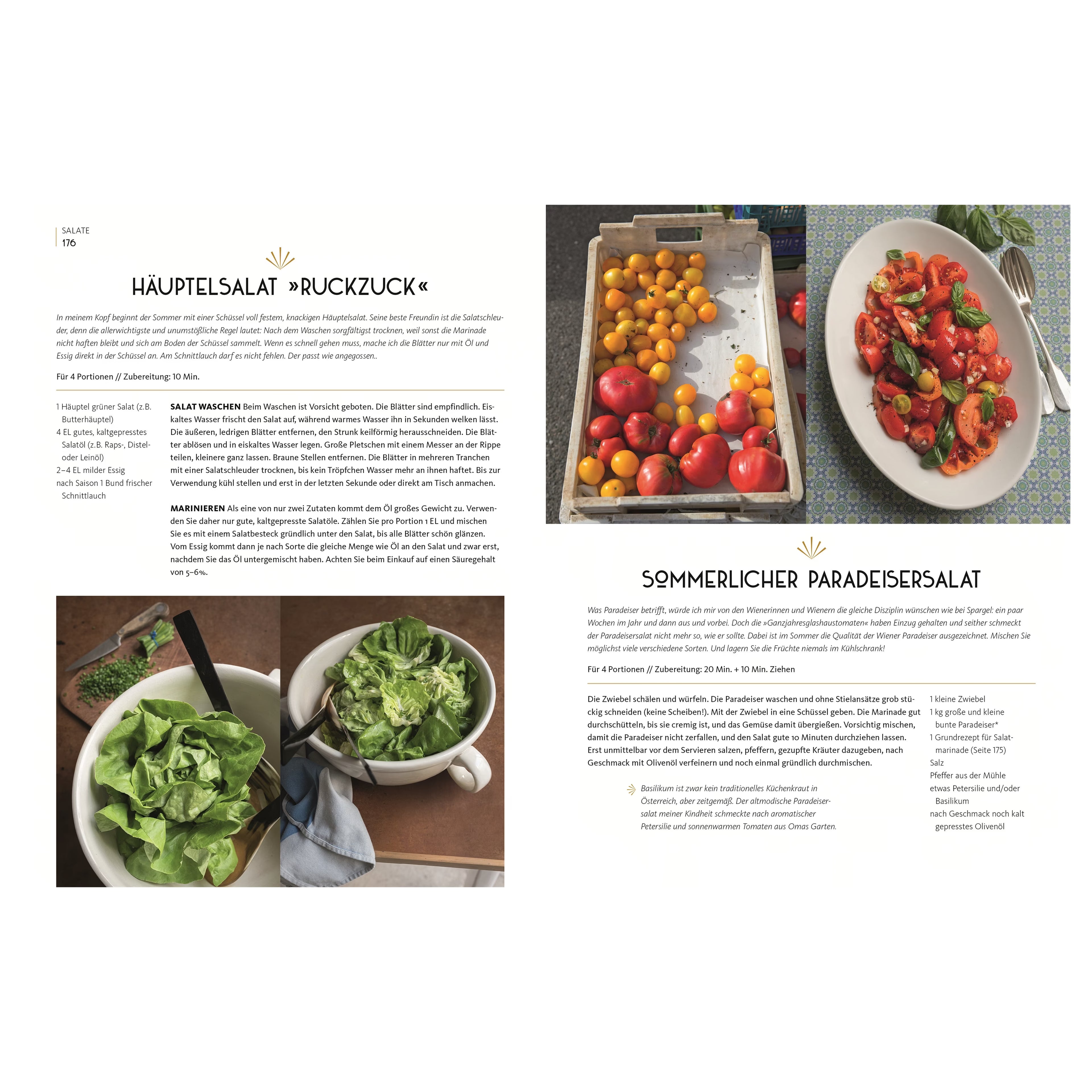 Rezeptseite mit zwei Salaten. Links Rezept für Häuptelsalat „Ruckzuck“, unten Foto mit Schüssel Kopfsalat. Rechts Rezept für sommerlichen Paradeisersalat, daneben Teller mit Tomatensalat aus gelben und roten Tomaten mit Basilikum