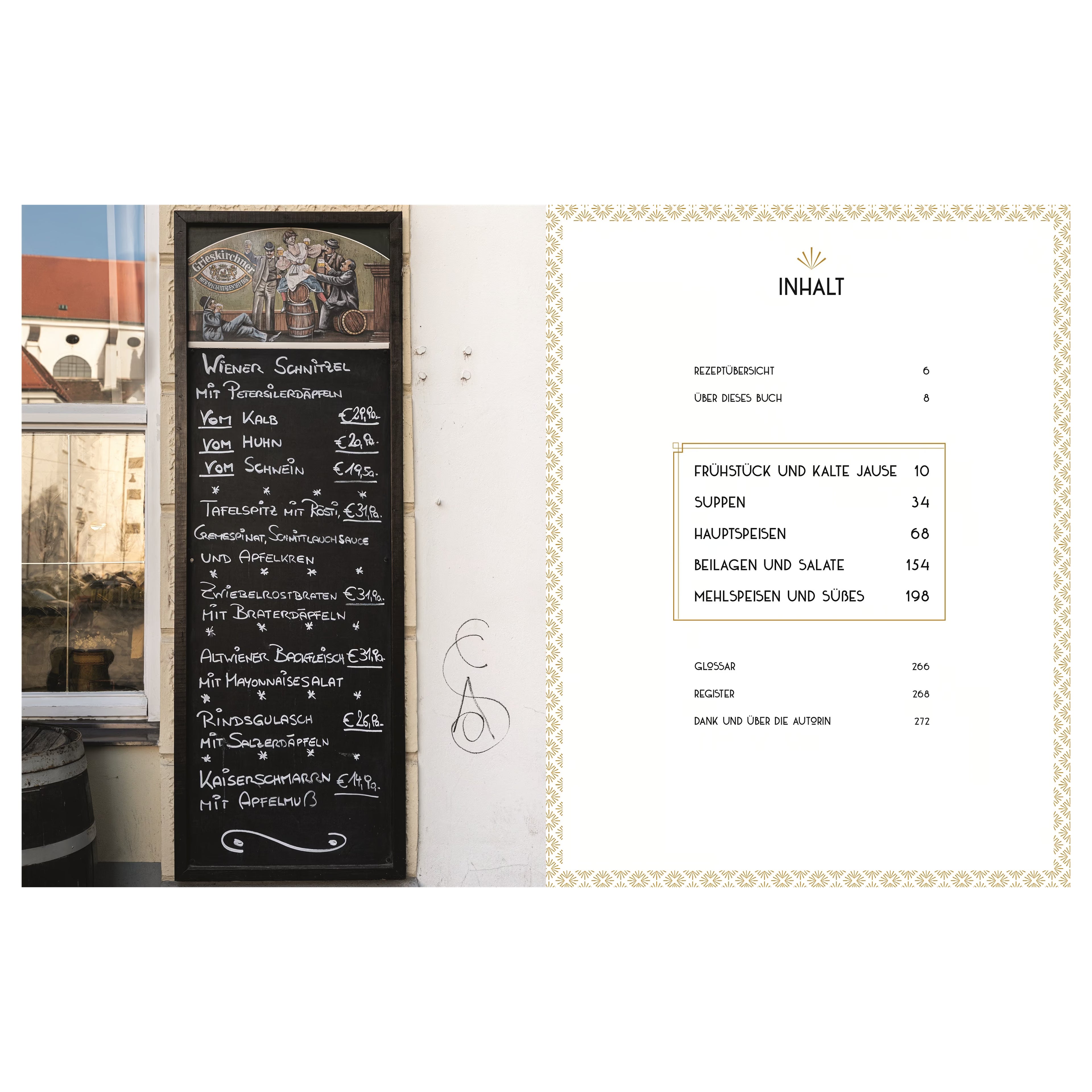 Doppelseite mit einem Foto einer Speisetafel vor einem Wiener Restaurant links und dem Inhaltsverzeichnis rechts. Kapitel: Frühstück und kalte Jause, Suppen, Hauptspeisen, Beilagen und Salate, Mehlspeisen und Süßes.