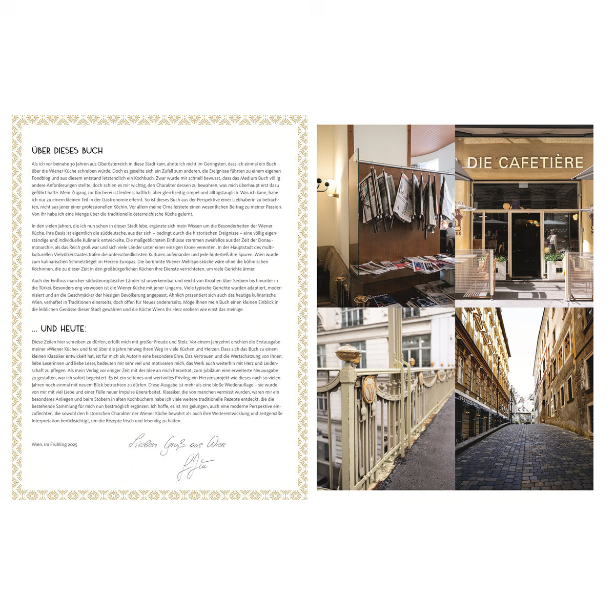 Seite mit Einleitung über die Wiener Küche links, rechts vier Fotos: Zeitungsständer in einem Café, Eingang „Die Cafetière“, schmiedeeiserne Brüstung in Wien und eine enge Gasse in der Innenstadt.