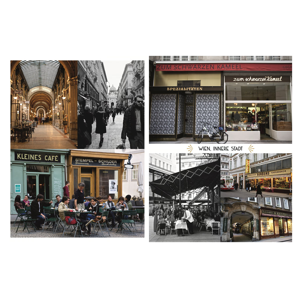 Fotoseite mit verschiedenen Wiener Szenen: Einkaufspassage, Straßenszene in Schwarz-Weiß, Caféterrasse, Geschäft „Zum Schwarzen Kameel“ und traditionelle Ladenfronten in der Wiener Innenstadt.