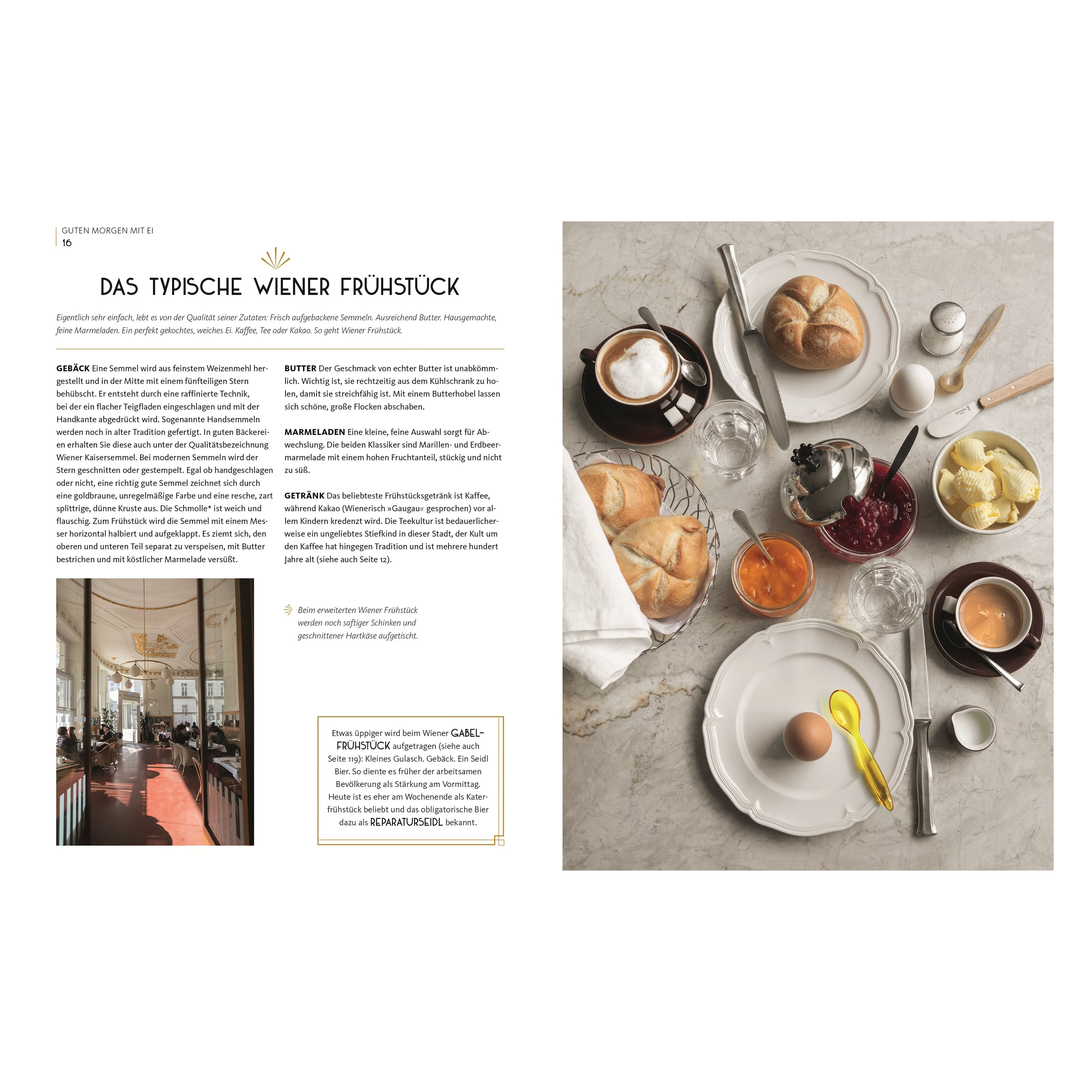 Rezeptseite „Das typische Wiener Frühstück“. Links Text mit Beschreibung klassischer Frühstücksgewohnheiten, rechts gedeckter Frühstückstisch mit Semmeln, Butter, Marmelade, Ei, Kaffee und Kakao