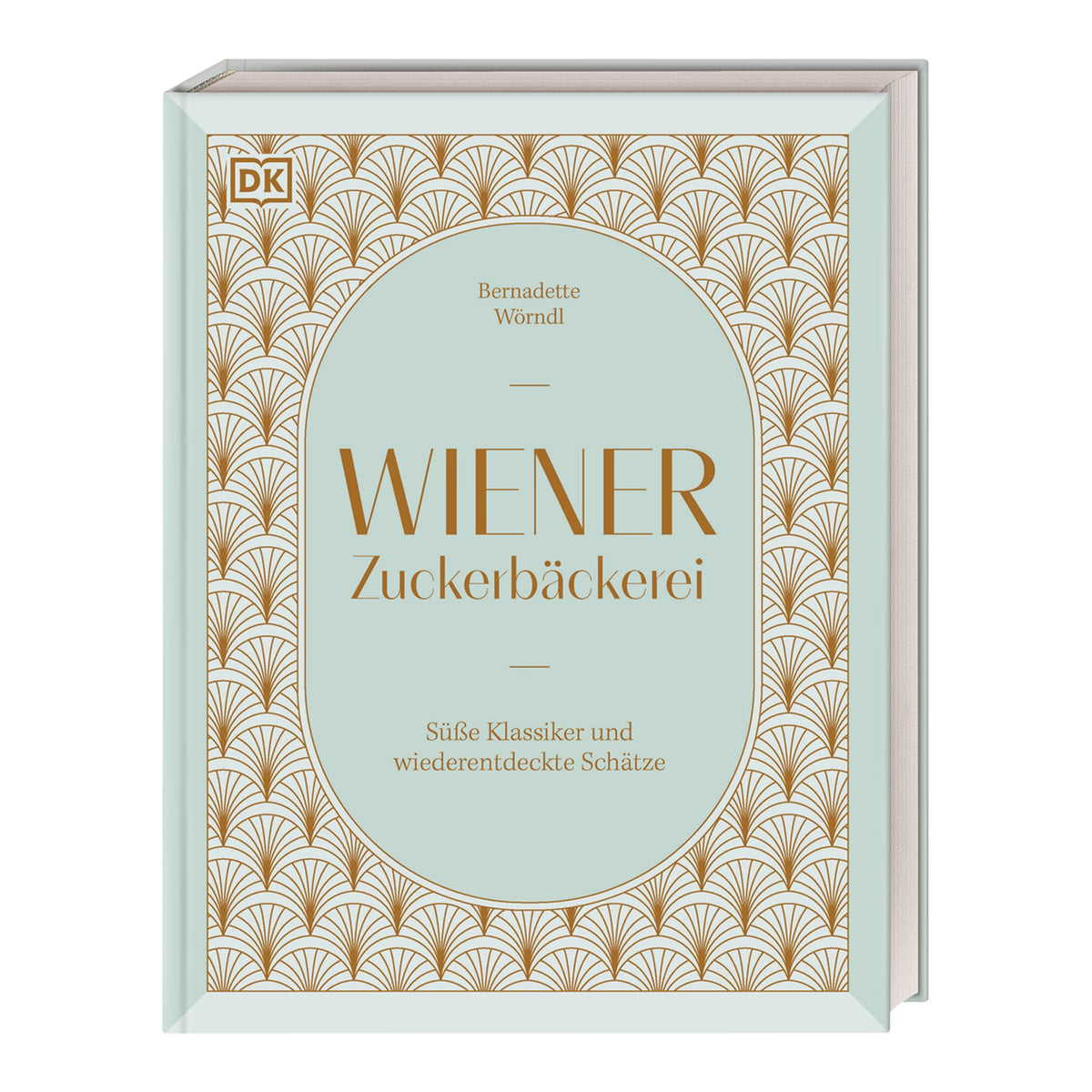 Buchcover von „Wiener Zuckerbäckerei“ von Bernadette Wörndl mit elegantem Art-déco-Muster in Gold auf hellblauem Hintergrund und dem Untertitel „Süße Klassiker und wiederentdeckte Schätze.