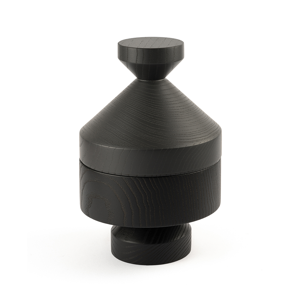 Design object DEVAKI black by NIEVEN. Hand-turned ash wood bowl modern home accessory with a geometric shape ideal as a jewelry box or decorative bowl made in Germany.