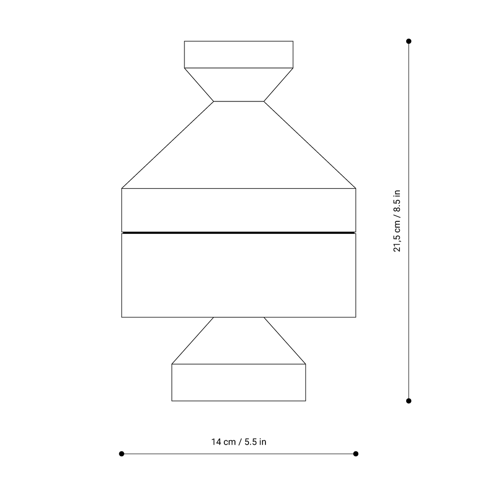 Designskizze DEVAKI schwarz von NIEVEN technische Illustration der geometrischen Holzfigur aus Esche mit konischer Form zeigt Aufbau der zweiteiligen Holzschale hergestellt in Deutschland.