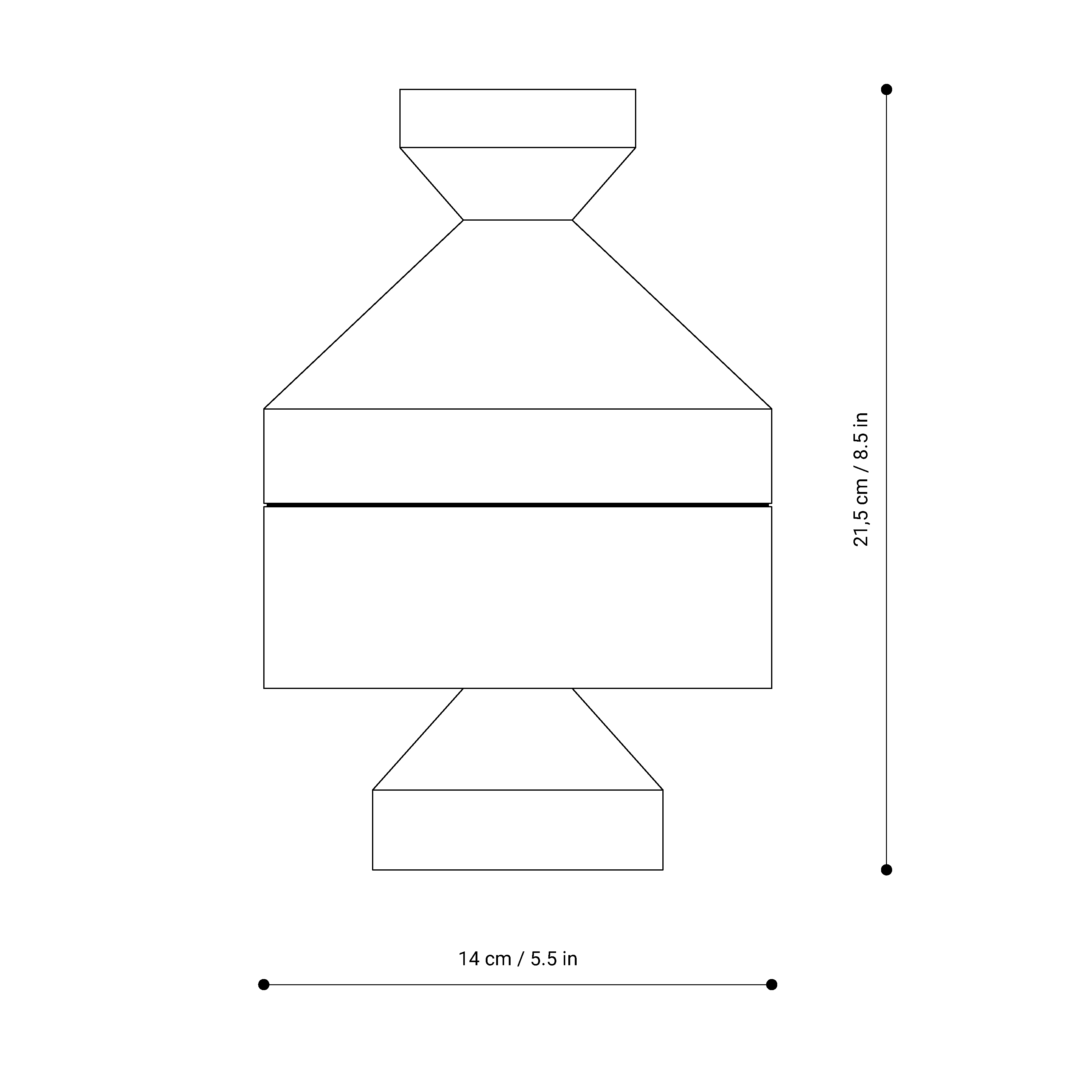 Design sketch DEVAKI black by NIEVEN. Technical illustration of the geometric ash wood figure with a conical shape showing the structure of the two-piece wooden bowl made in Germany.