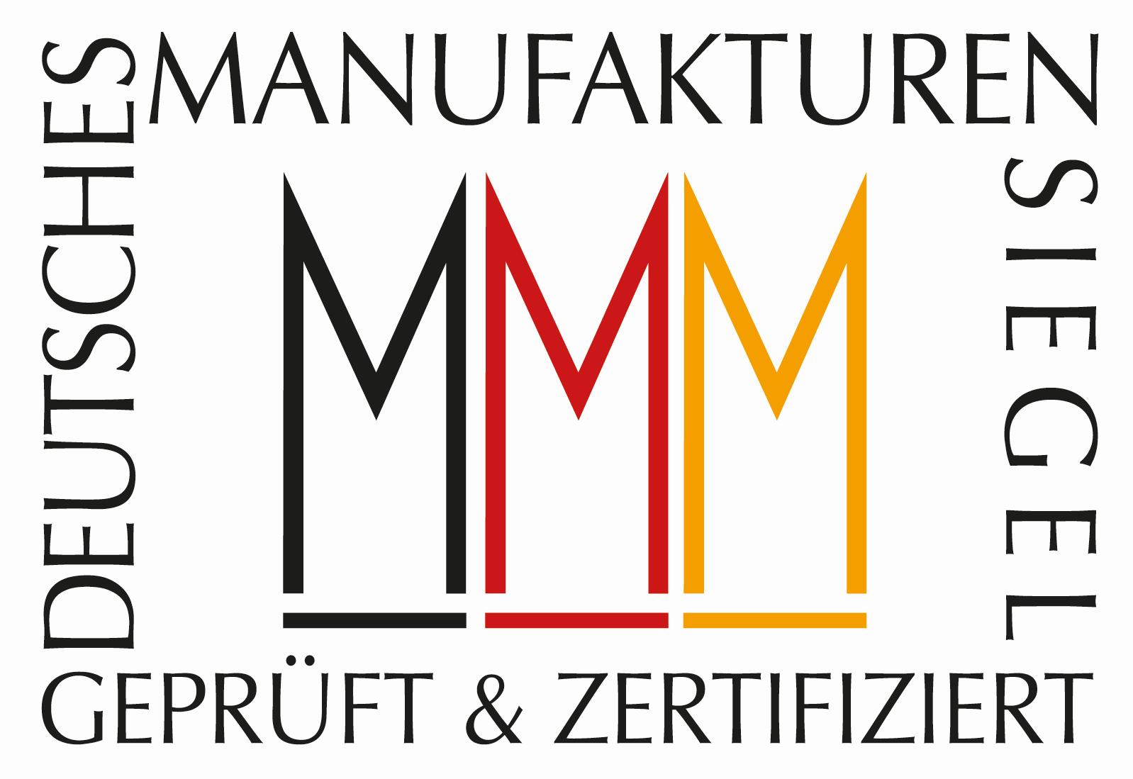 Logo des Deutschen Manufakturen Siegels mit der Aufschrift geprüft und zertifiziert in Schwarz Rot und Gold Symbol für Qualität und Handwerkskunst aus Deutschland.