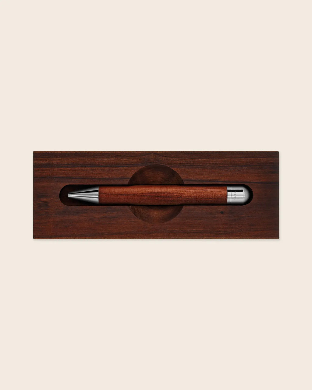 Handgefertigter Kugelschreiber WOOD-IN-WOOD aus Pflaume in passgenauer Holzbox – Design-Schreibgerät mit vernickelter Messingmechanik, Made in Germany.