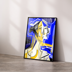Fine Art Print CUBISME by Jean Philippe Henric leaning in a black frame against a light wall. Cubist portrait in bright blue yellow and white as a modern art print on high quality artist paper.