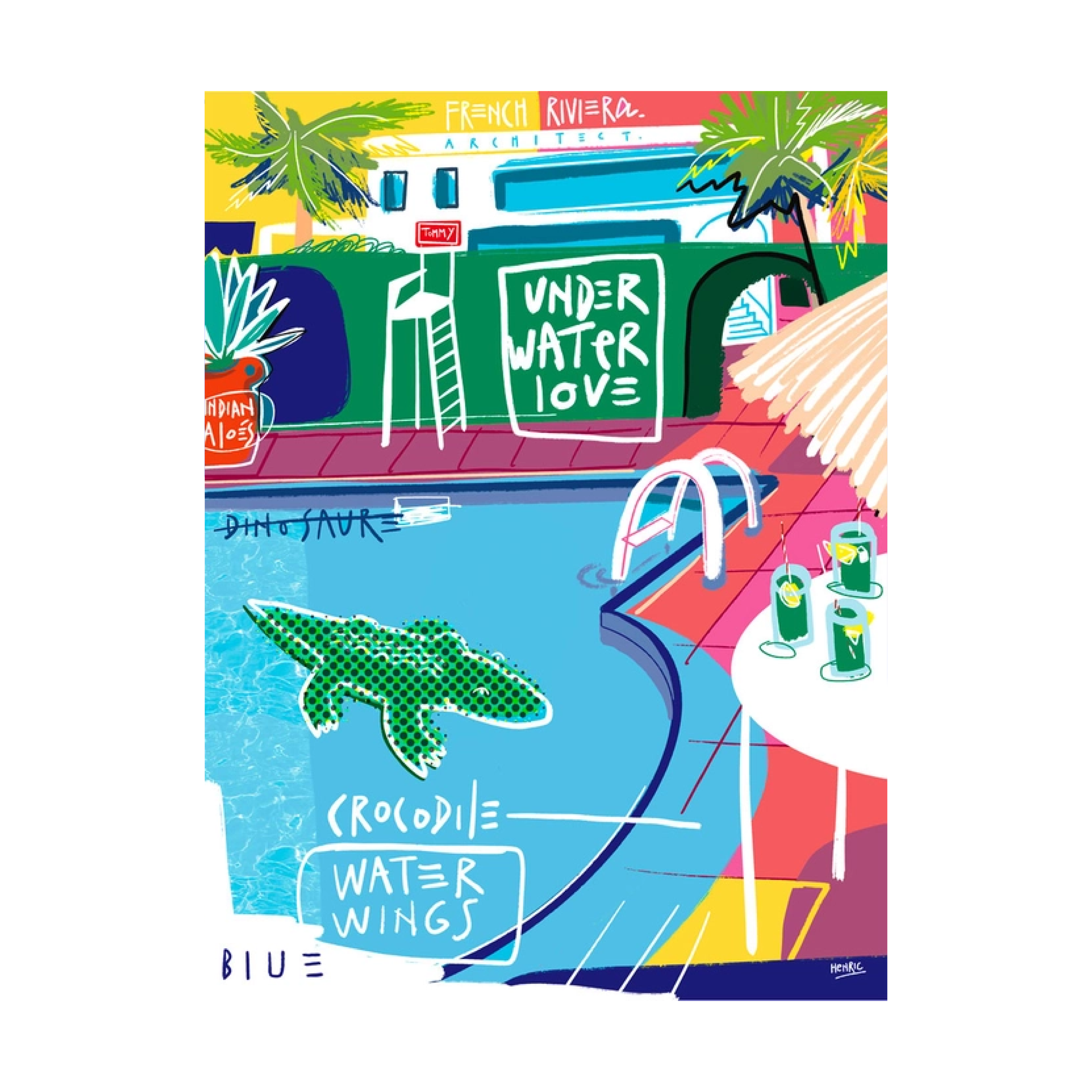 Fine Art Print French Riviera by Jean Philippe Henric shows a playful pool scene with crocodile armbands ladder palm trees and vibrant Riviera colors. Contemporary illustration as a limited Digigraphie art print on textured paper.