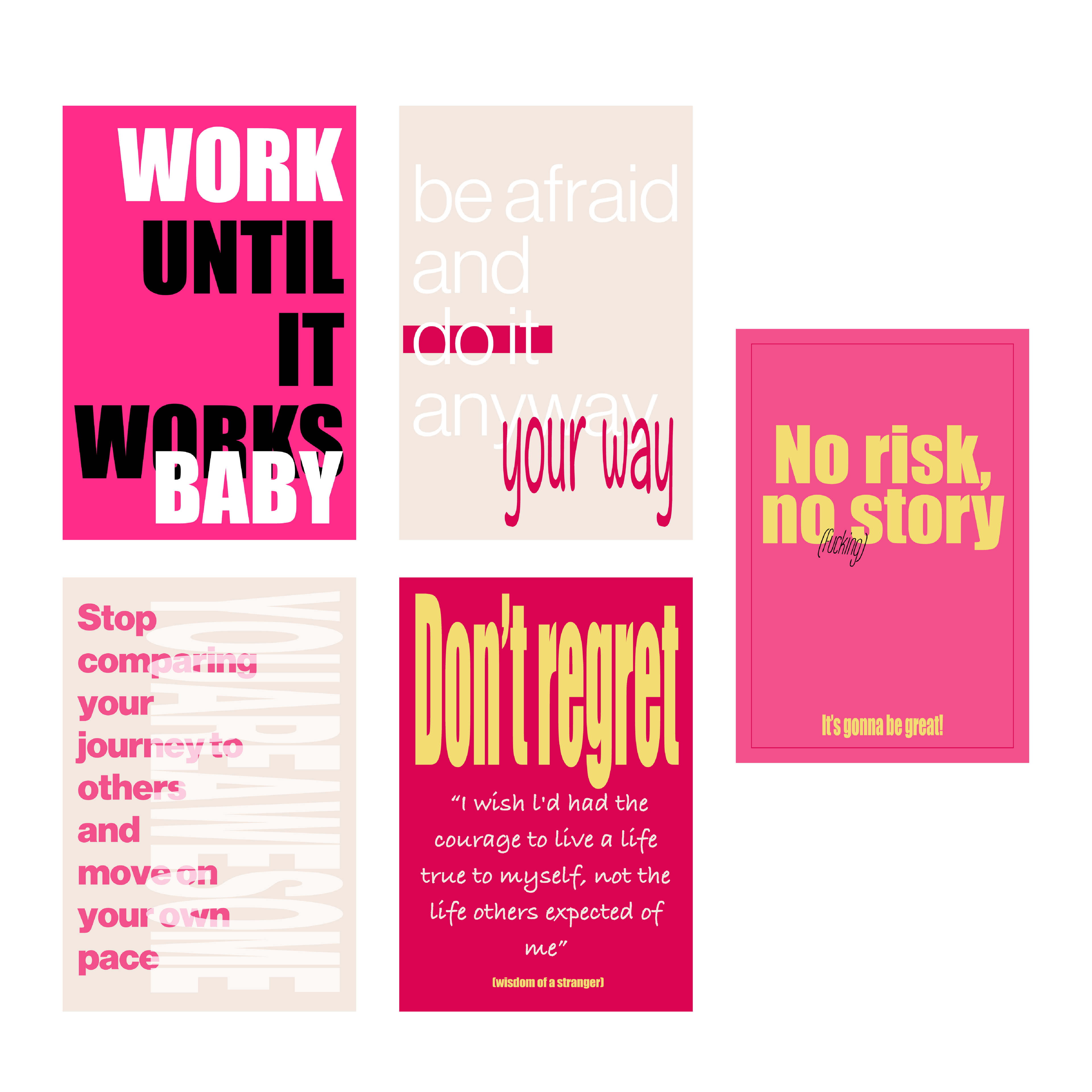 Greeting card set Do it NOW OR REGRET it later by Mikkaneo Studio with five motivational cards in bold colors and inspiring quotes for founders and encouragers.