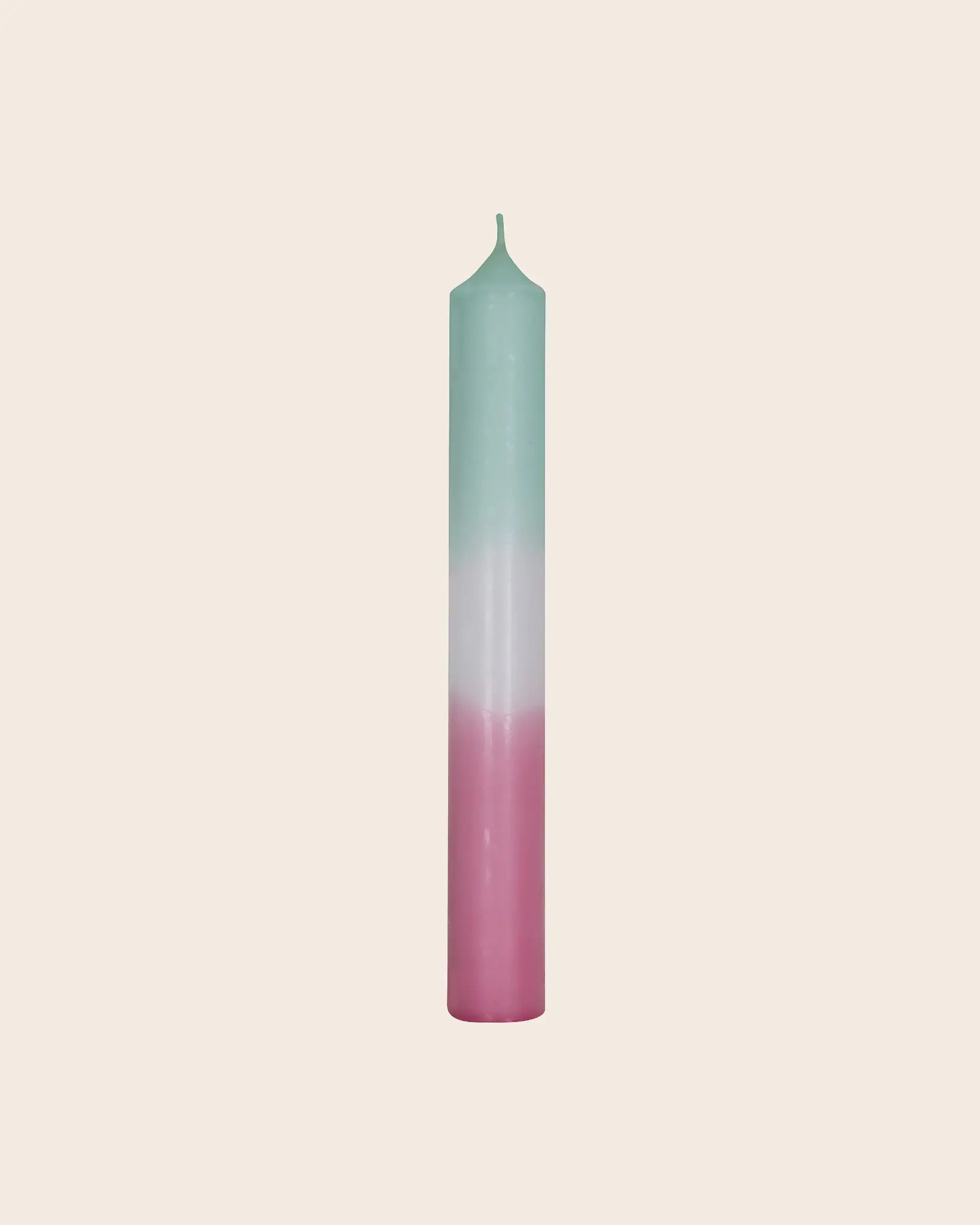 Handgetauchte Dip Dye Stabkerze in Mint und Rosa aus Paraffin, 18 cm hoch, ruhiger Abbrand, gefertigt in Deutschland von Kerzenfarm Hahn