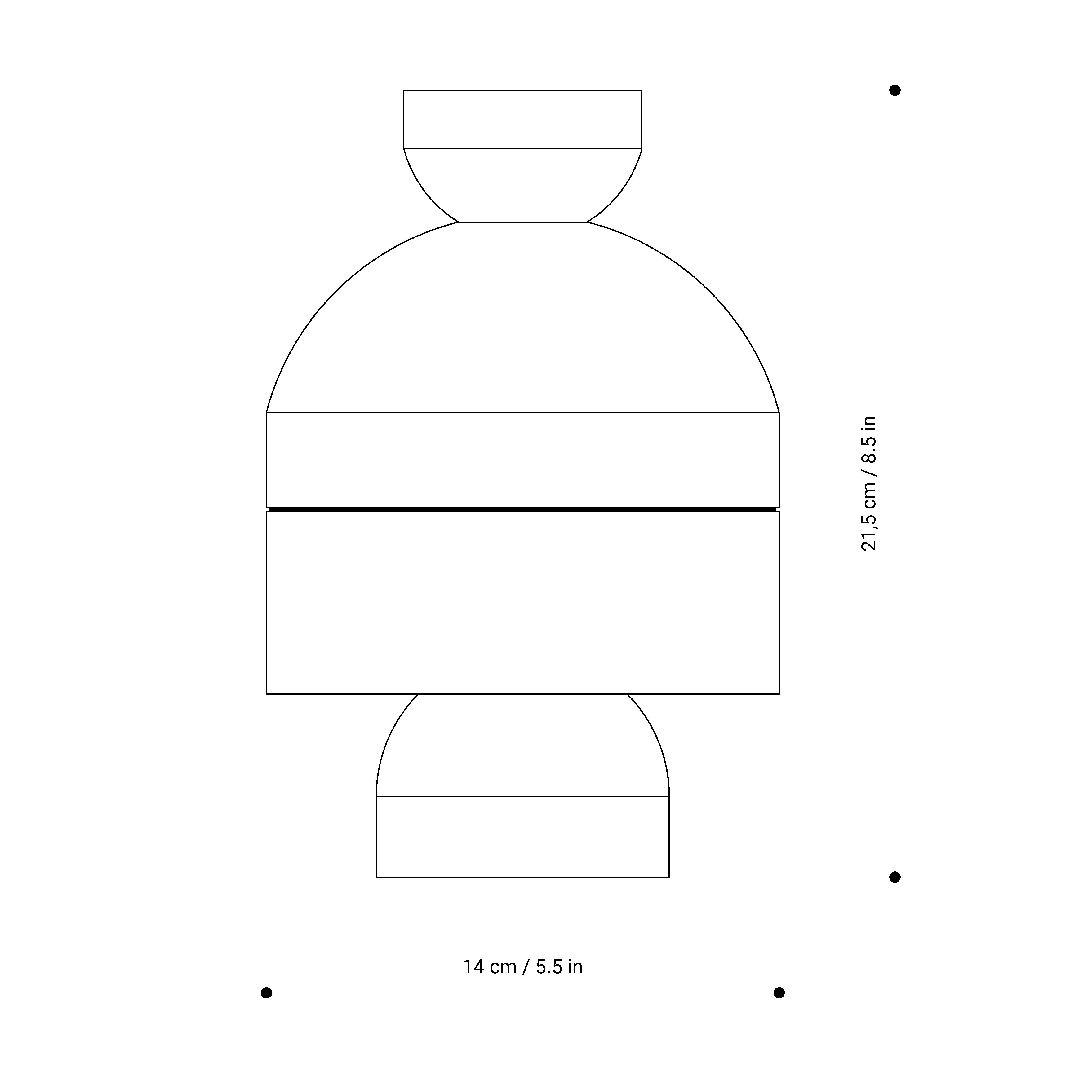 Technical drawing of the design object ANUKI by NIEVEN. Schematic representation of the geometric shape with measurements modern ash wood design made in Germany.