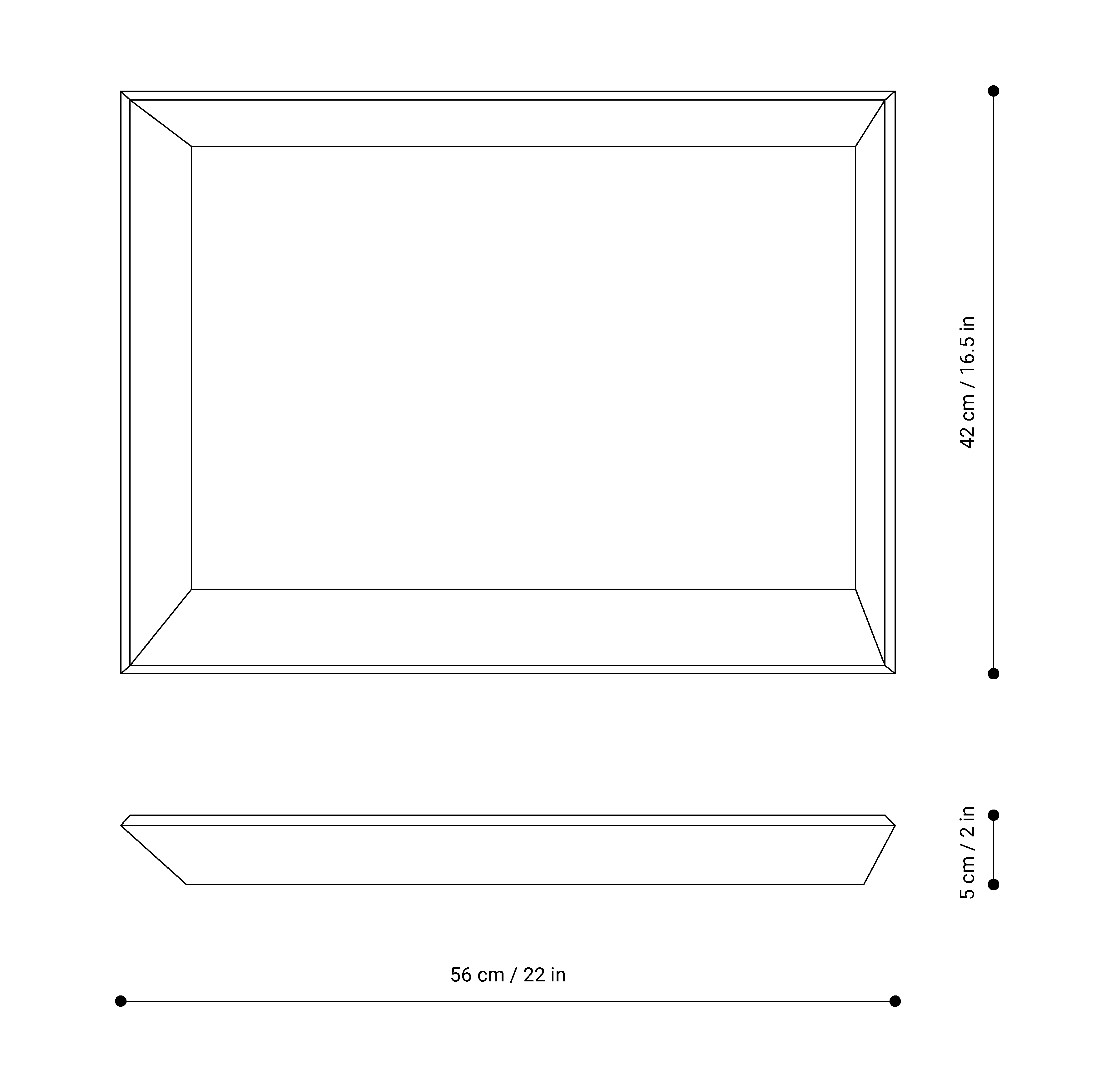 Technical drawing of the OBLIQUE wooden tray by NIEVEN. Top view above, side view below with beveled edges. Clean lines and architecturally inspired design by Jörg Adam.
