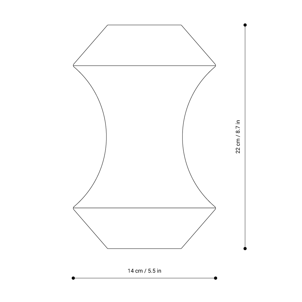 Technical drawing of the MIZY vase by NIEVEN. Sculptural symmetrical shape with a tapered midsection designed by Jörg Adam. White background with clear lines highlighting the design vase.