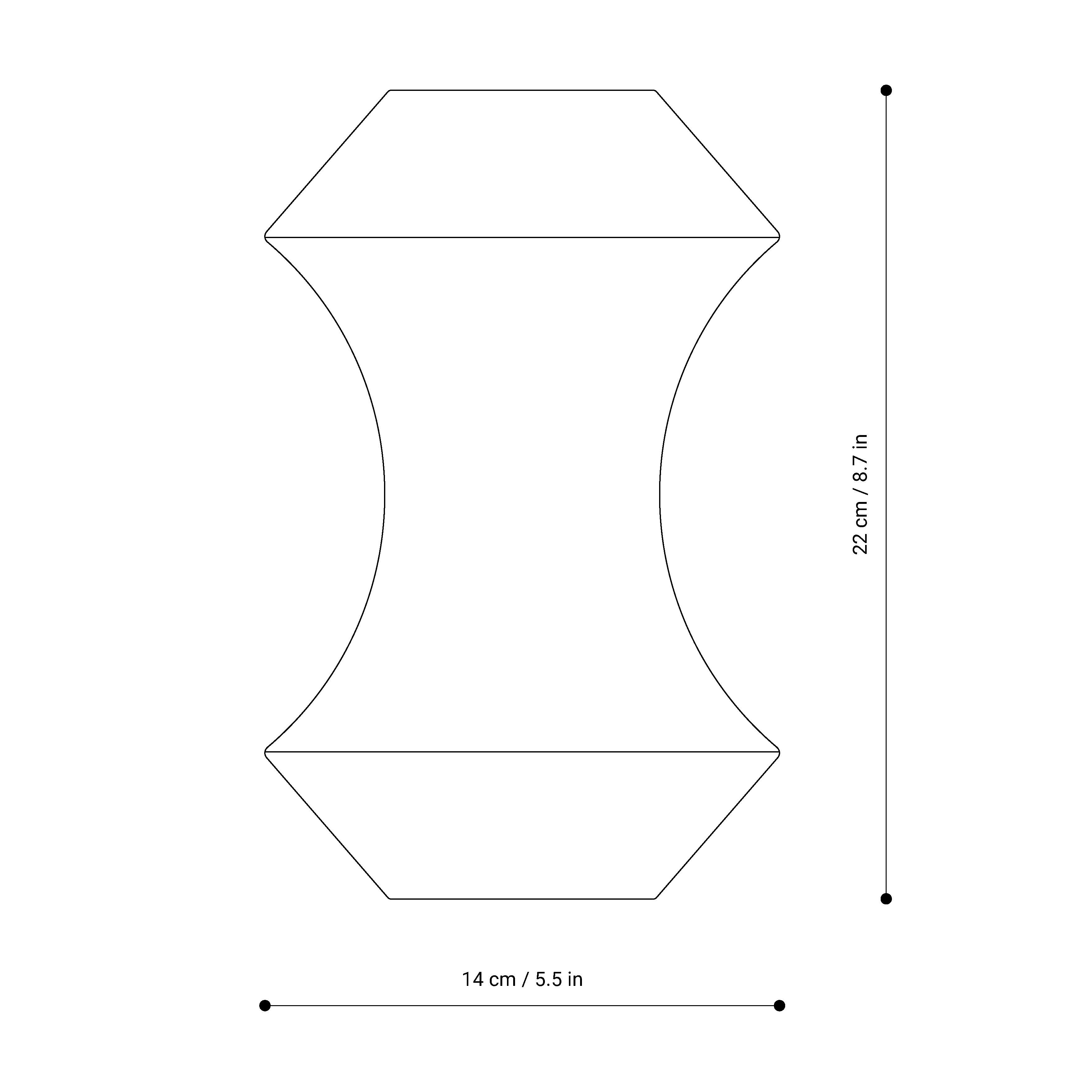 Technical drawing of the MIZY vase by NIEVEN. Sculptural symmetrical shape with a tapered midsection designed by Jörg Adam. White background with clear lines highlighting the design vase.