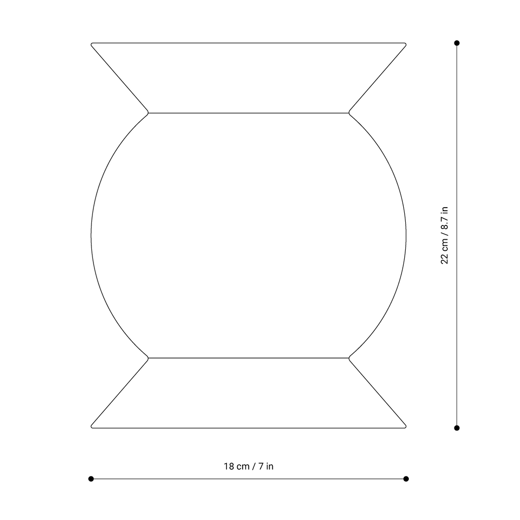 Technical drawing of the OZ vase by NIEVEN. Rounded bulbous shape with a funnel-shaped neck and base designed by Jörg Adam. White minimalist design on a transparent background.