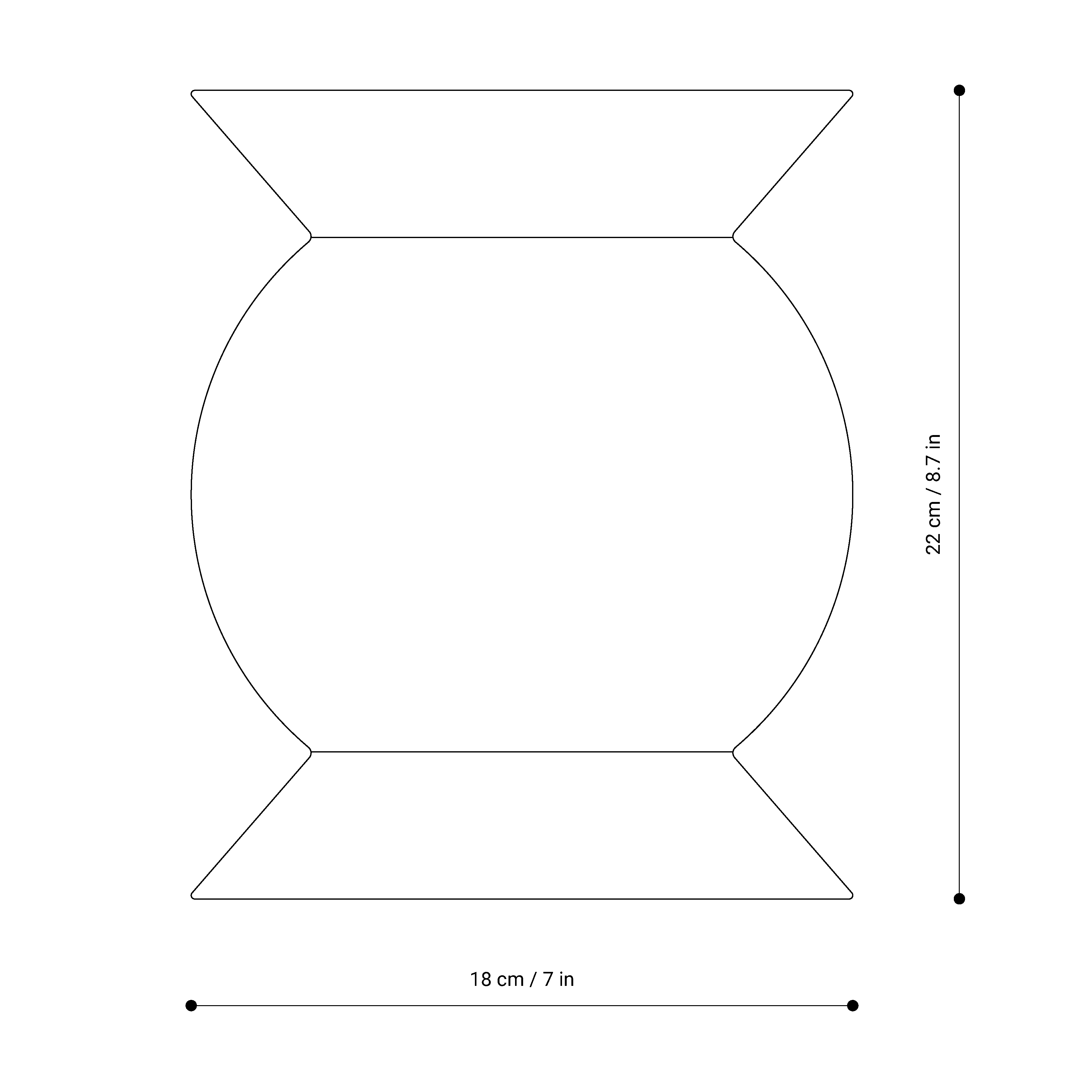 Technical drawing of the OZ vase by NIEVEN. Rounded bulbous shape with a funnel-shaped neck and base designed by Jörg Adam. White minimalist design on a transparent background.